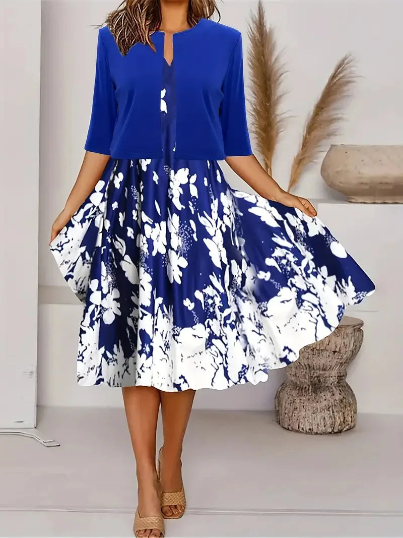 2025 autumn new women's long crewneck printed dress short needle two-piece cardigan short coat