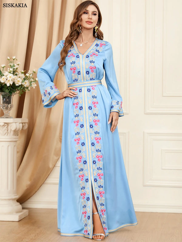 Ethnic Kuwaiti Women's Jalabiyat Abaya For Uae Dubai Female Solid Embroidery Belted Robe Ramadan Musulmane Caftan Dress