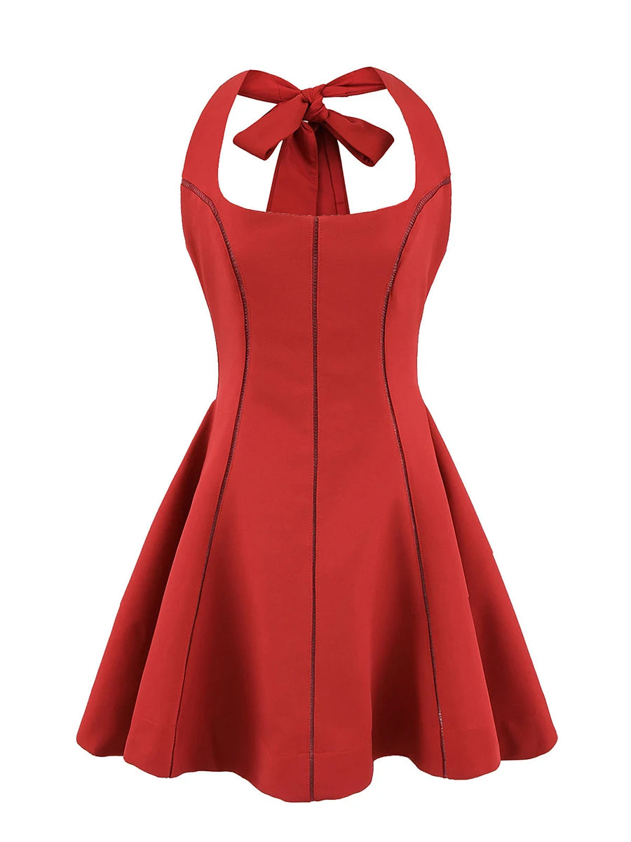 TWOTWINSTYLE Solid Slimming Fashion Mini Dresses for Women Halter Neck Sleeveless Patchwork Bow Tunic Elegant Dress Female New