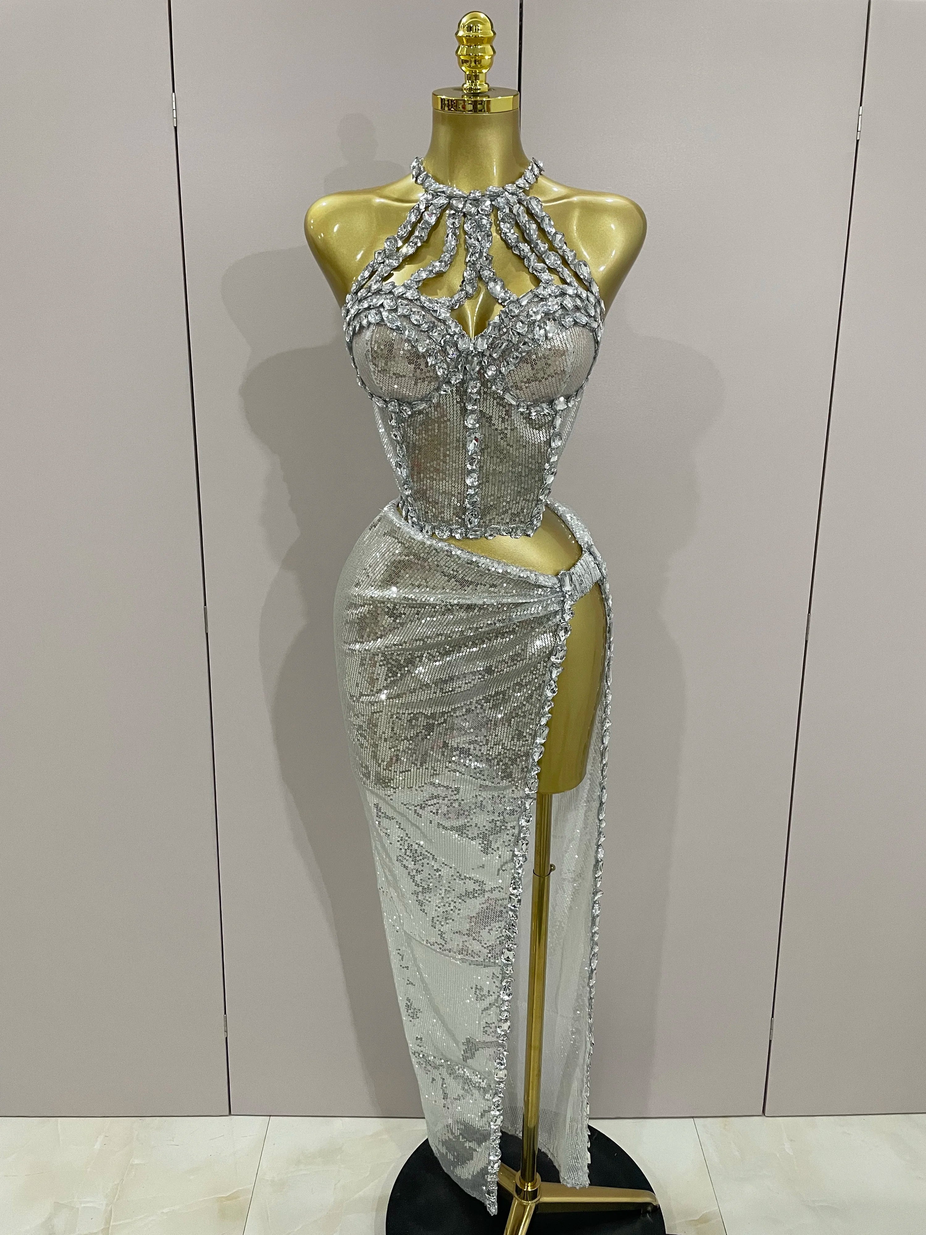 Sexy Luxury Shiny Diamond Sequins Cocktail Dress 2Pcs Set 2025New Women Evening Celebrate Birthday Party Nightclub Stage costume