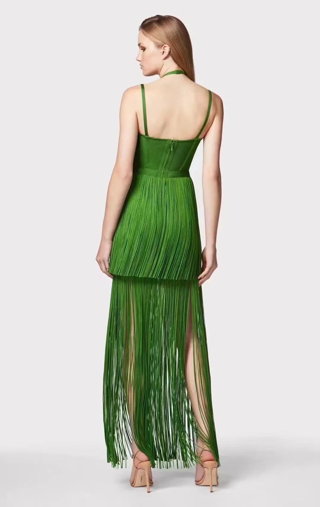 New Black Color Women Sleeveless Sexy Strap Long Tassel Bodycon Bandage Dress Celebrity Red Carpet Evening Party Outfit