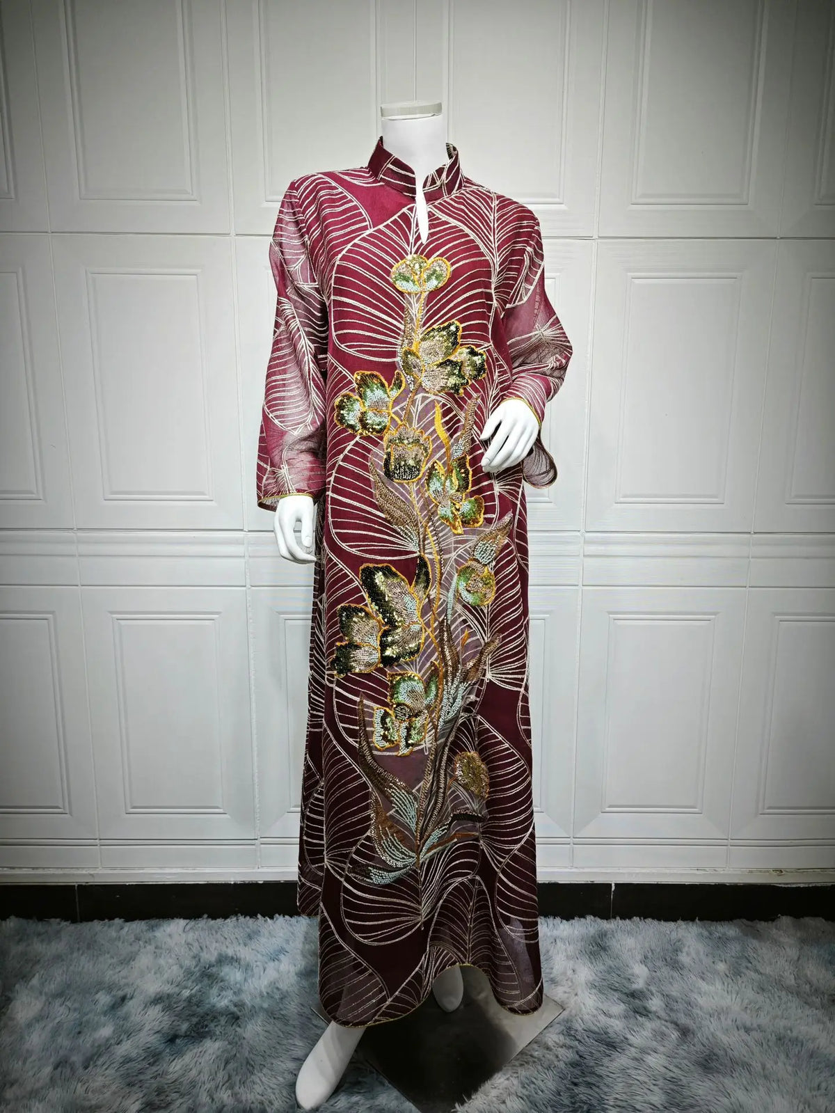 Uni Luxury Woman Evening Dress Floral Embroidery Abaya Sequins Patchwork Kaftan Mesh Sleeve 2025