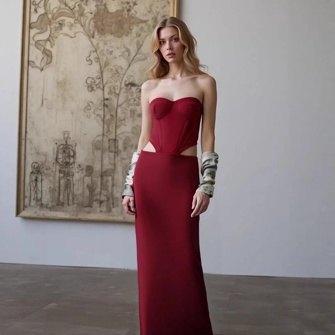 Wholesale Women Sexy Strapless Hollow Out Waist Bodycon Long Bandage Dress Wedding Mermaid Celebrate Birthday Party Outfit