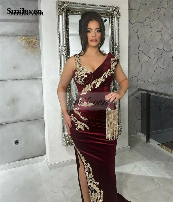 Royal Bue Sexy Side Spilt Velour Lace Caftan Evening Dresses Gold Lace Appliques Sleeveless Women Party Gowns