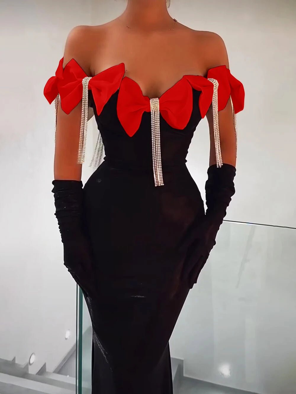 Women Celebrity Sexy Off Shoulder Flower Diamonds Black Bow Tie Maxi Long XL Bandage Dress Elegant Evening Club Party Dress
