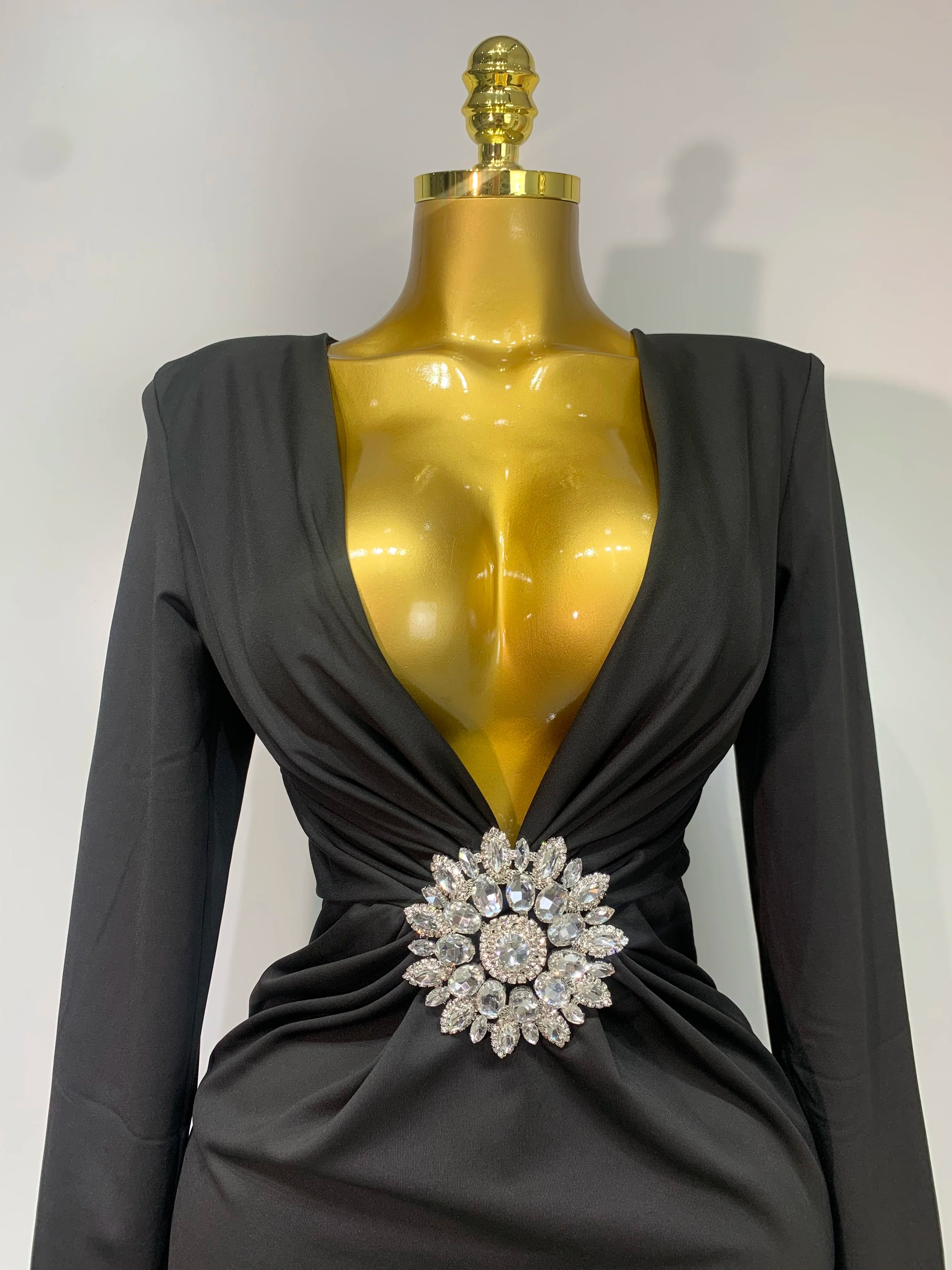 Black Diamond Bodycon Maxi Dresses Women Sexy Deep V Neck Long Sleeves Gowns Runway Party Wear 2025 Elegant Evening Party Dress