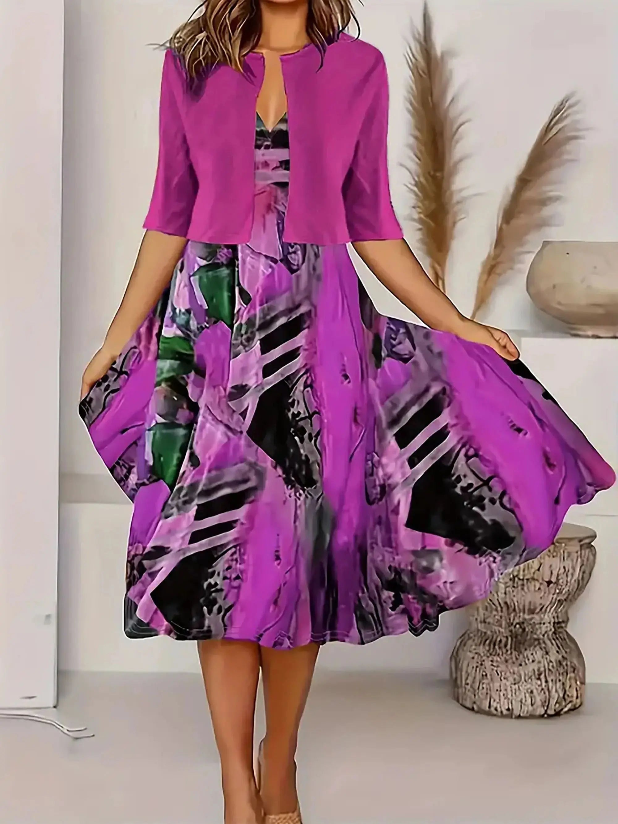 2025 autumn new women's long crewneck printed dress short needle two-piece cardigan short coat