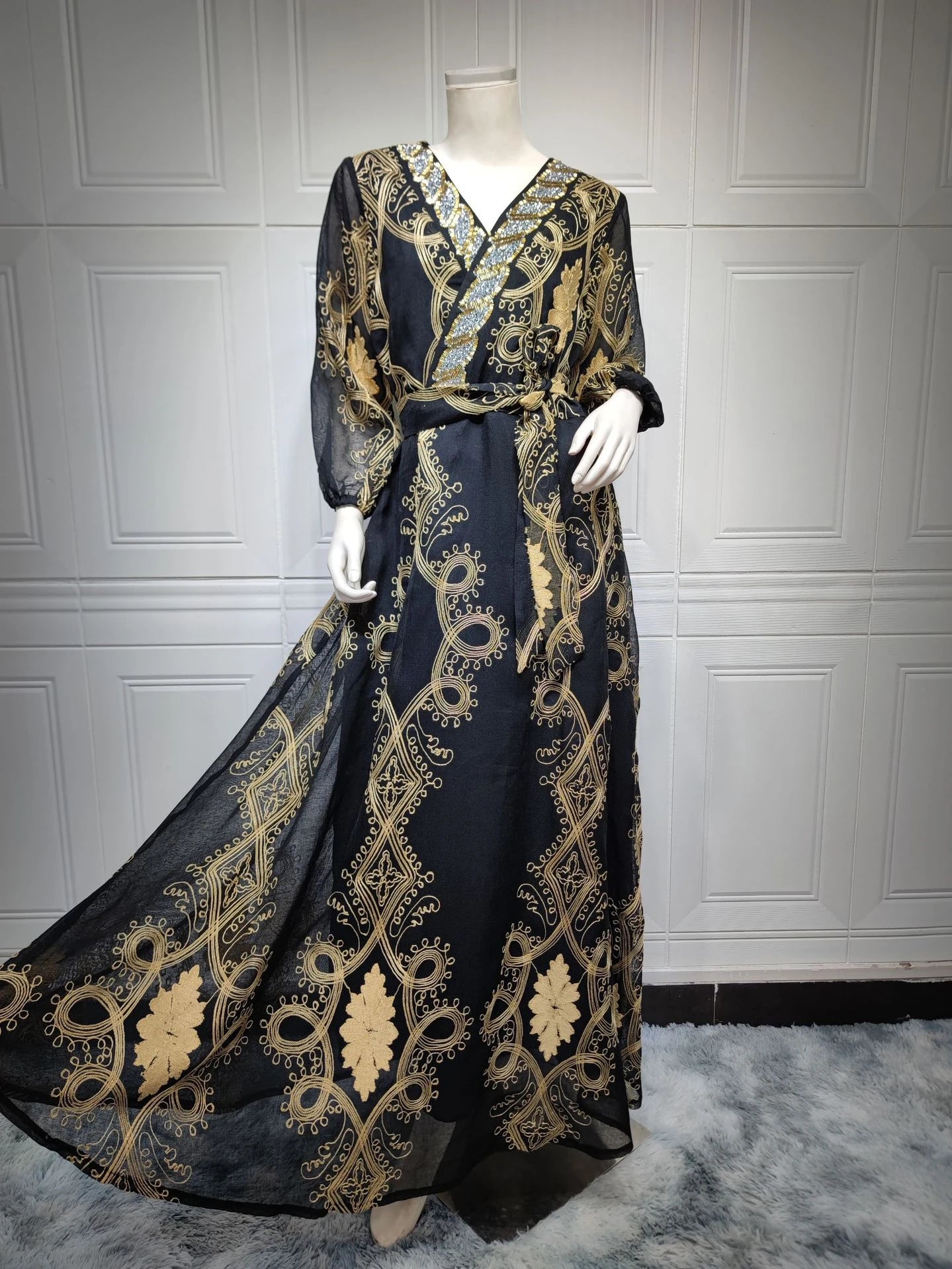 Costumes arabes pour femmes, mode Chic, maille brodée, manches longues, col en v, vêtements ceinturés, robe de soirée élégante pour femmes musulmanes