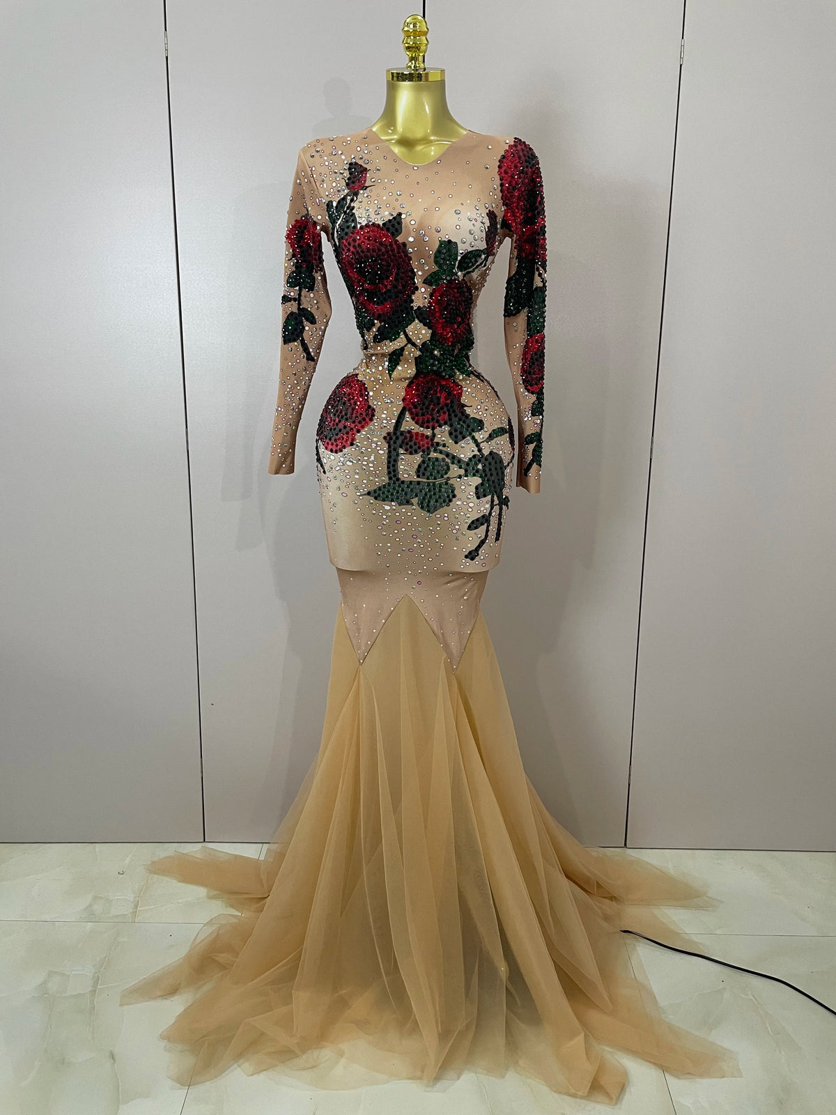 Sexy Shiny Rhinestone Rose Floral Floor-Length Dress Evening Women Eveing Celebrate Birthday Party Nightclub Performance Costume