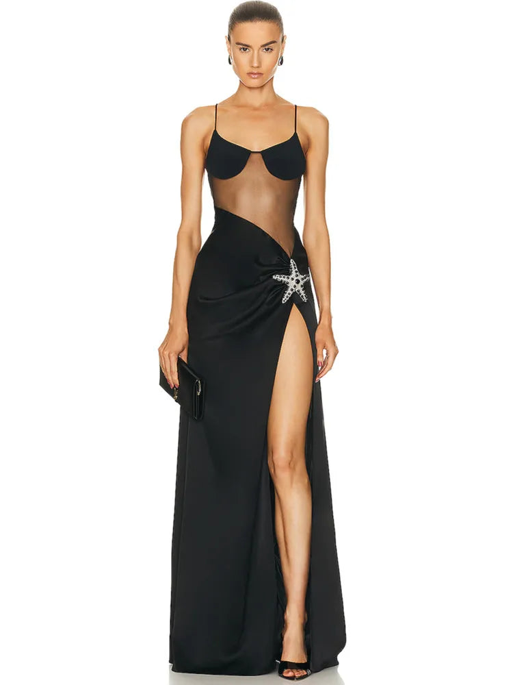 est Summer Fashion Women Sexy V Neck Starfish Black Split Maxi Long Bandage Dress Elegant Evening Club Party Dress