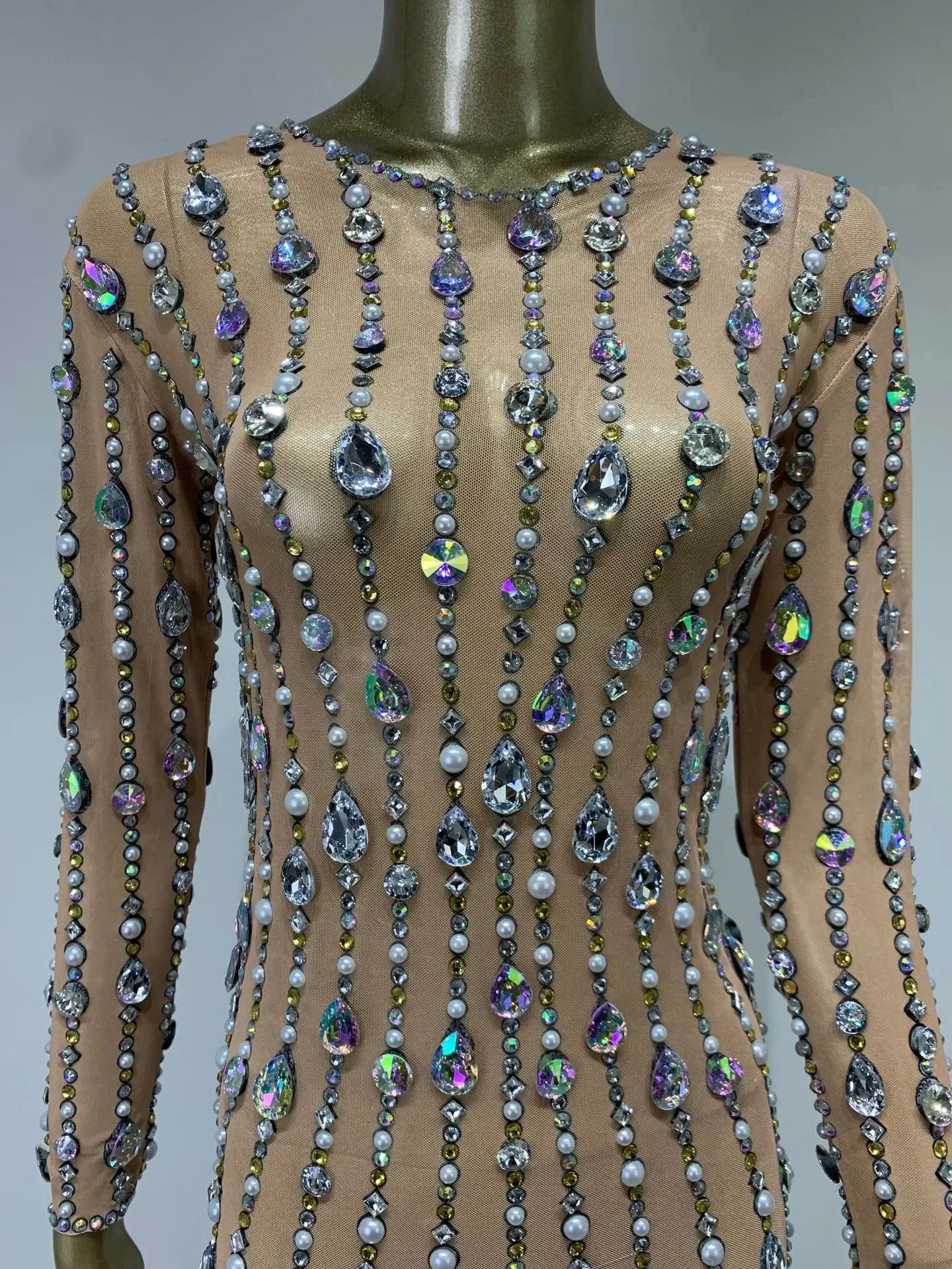 Stock Women Luxury Sexy Mesh Crystal Diamonds Beading Mini Dress Birthday Party Costume Bar Nightclub Stage Performance Clothing