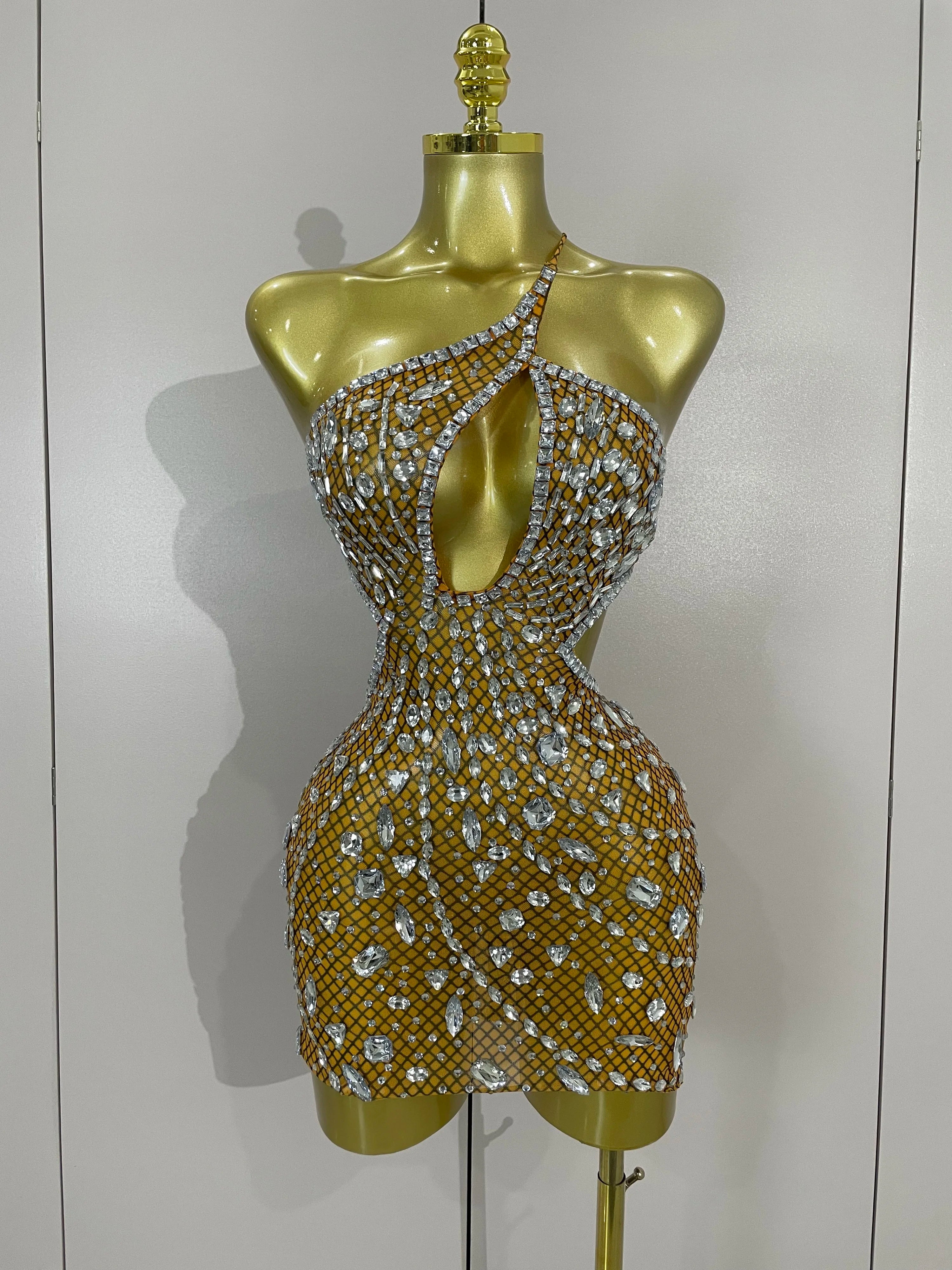 Stock Women Sparkly Big Crystal Sexy Off the Shoulder Mesh See Through Mini Dress Nightclub Party Celebrate Birthday Dress