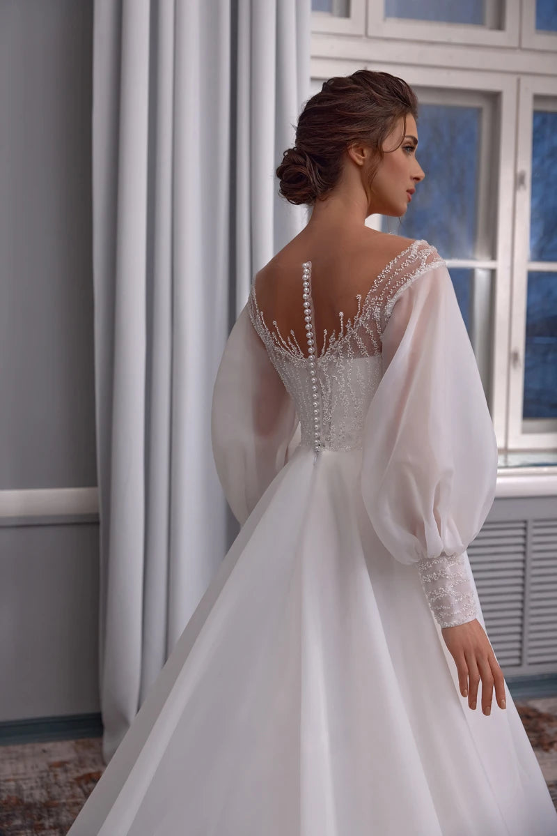 Robe de mariée princesse à manches longues bouffantes, ligne a en Organza avec des Appliques en dentelle pour femmes, bouton au dos, longue piste, robes de mariée magnifiques