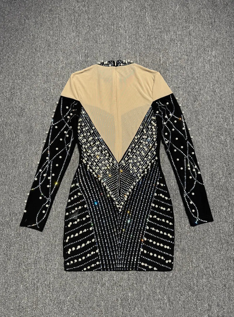2025 Elegant Evening Party Club Outfit Vestido Women Celebrity Sexy Long Sleeve Turtleneck Mini Rhinestone Diamonds Gowns Dress