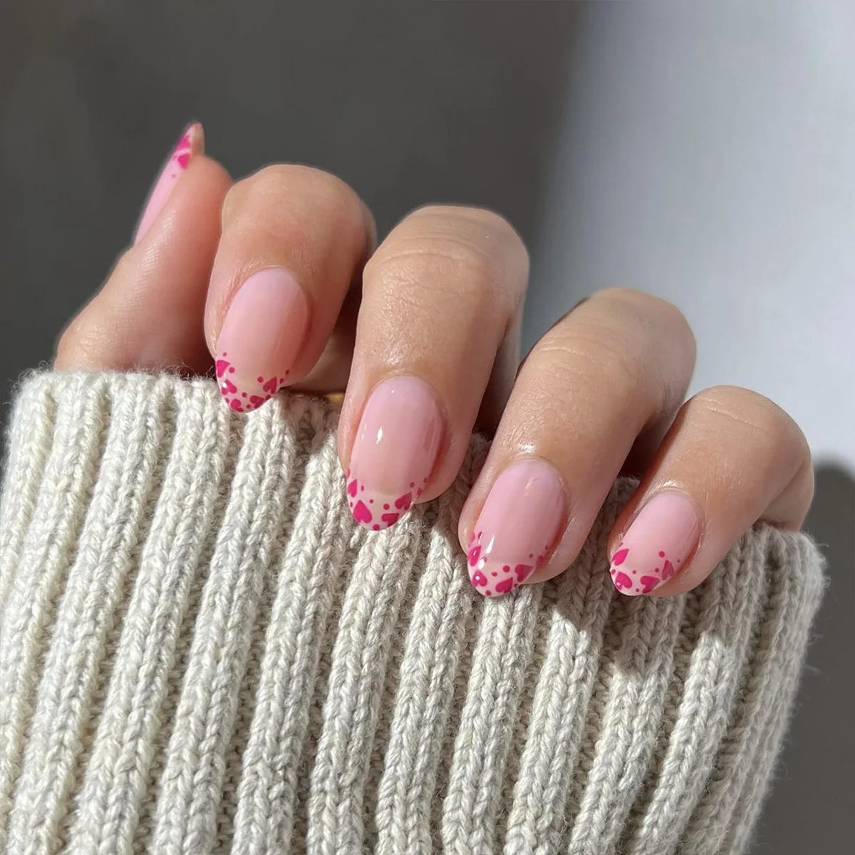 24Pcs Short Almond Press on Fake Nails Full Cover Glitter Sweet Cute Red Nails French Bow Tie Wearable False Nail Valentine Day