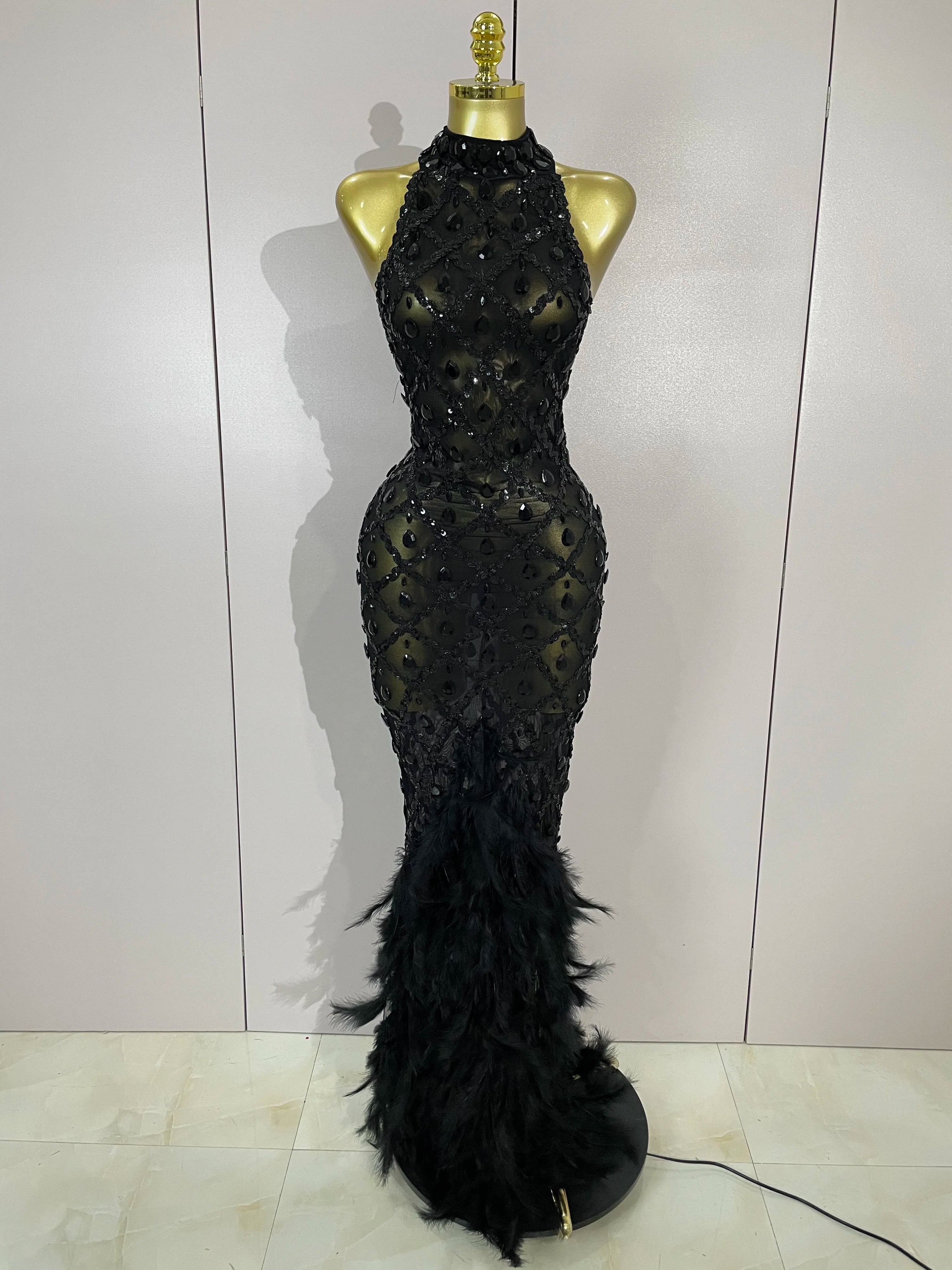 Luxury Shining Gold Rhinestones Feather Sexy Mesh Long Dress Women Birthday Evening Red Carpet Fashion Show Gown Stage Costume