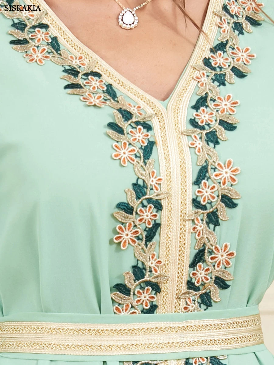 Muslim Dress 2023 Dubai Caftan Women Basic Solid Lace Tape Super Full Sleeves V-Neck Sashes Moroccan Islam Abaya