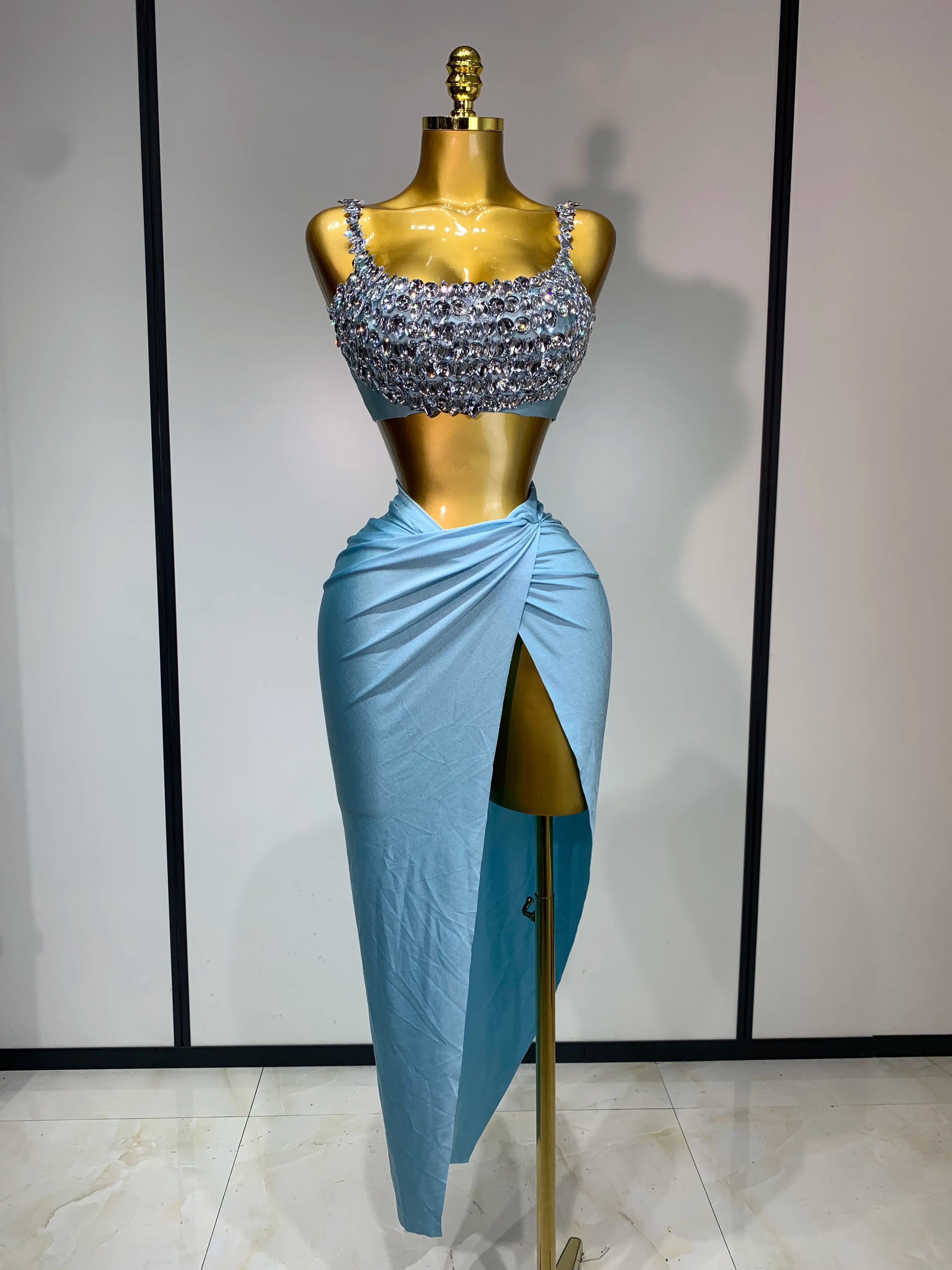 Women Sexy Two Pieces Set Stretched Crystal Diamonds Nightclub Singer Dancer Stage Performance Costume Evening Party Skirt Suits