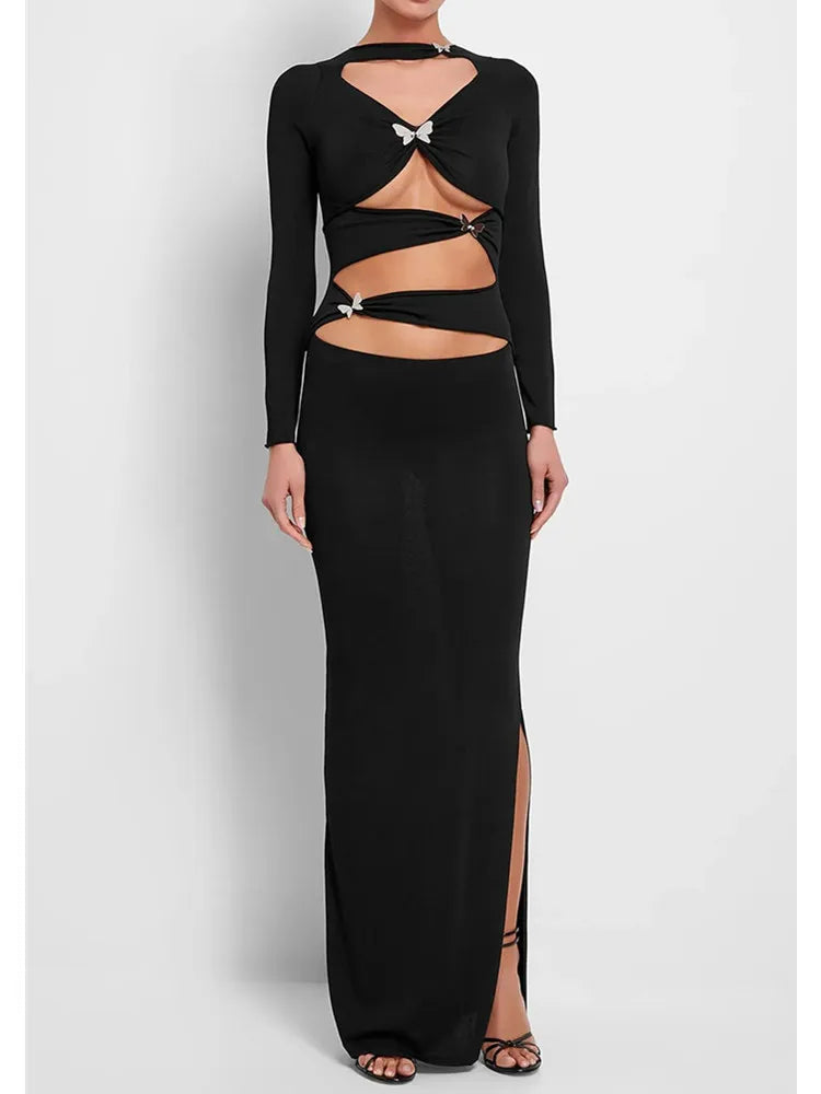 Luxury Women Celebrity Sexy Cut Out Butterfly Long Sleeve Black Maxi Long Bodycon Dress 2024 Elegant Evening Club Party Dress