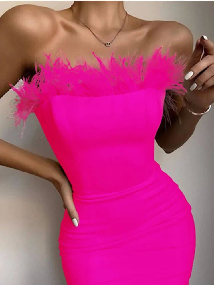 Summer Sexy Strapless Backless Feather Black Midi Women Bodycon Bandage Dress Designer Fashion Party Club Dress Vestido