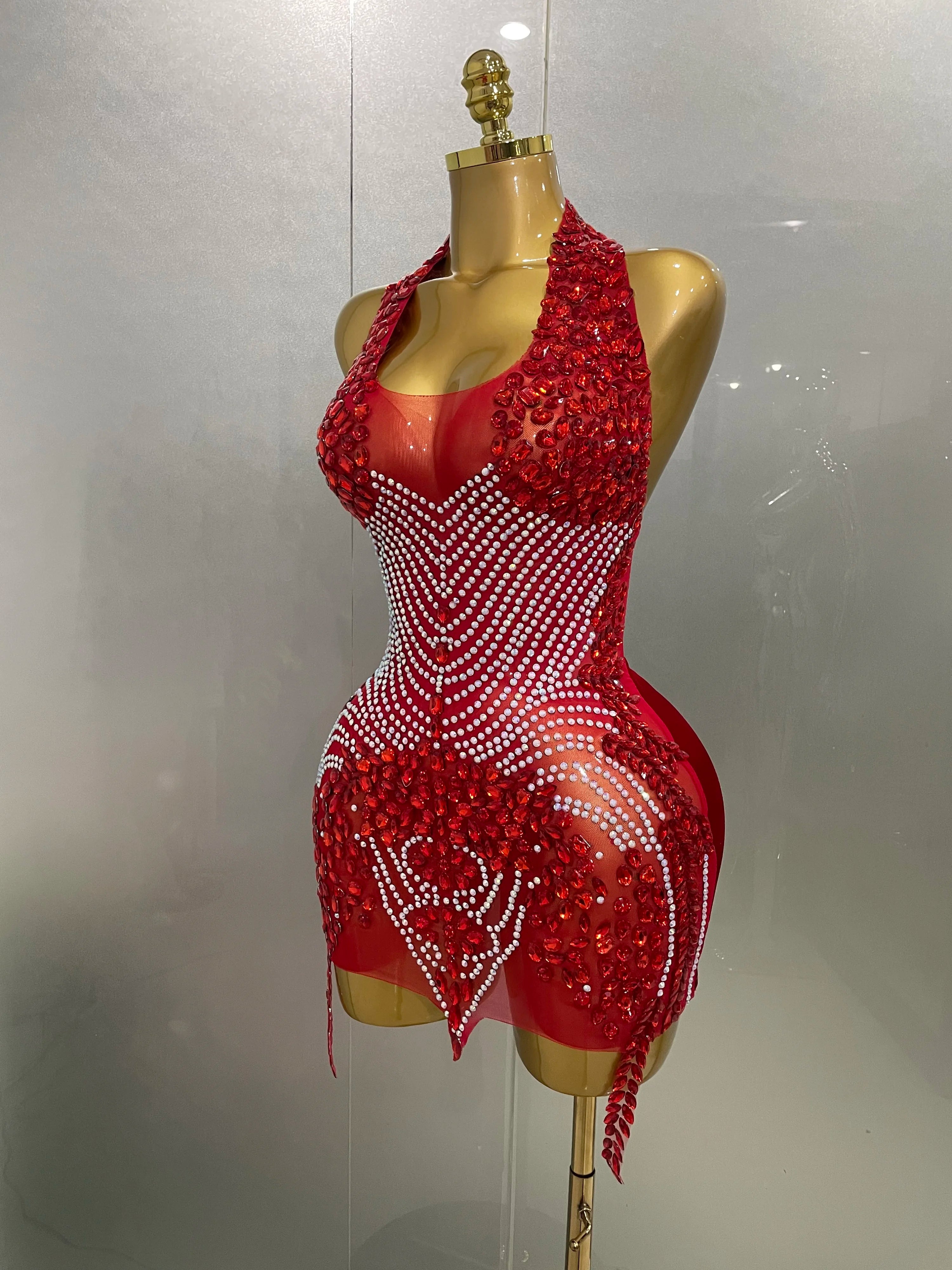2025 New Sexy Sparkly Rhinestones Halter Backless Mesh Velour Short Dress Women Evening Prom Celebrate Birthday Party Stage Wear