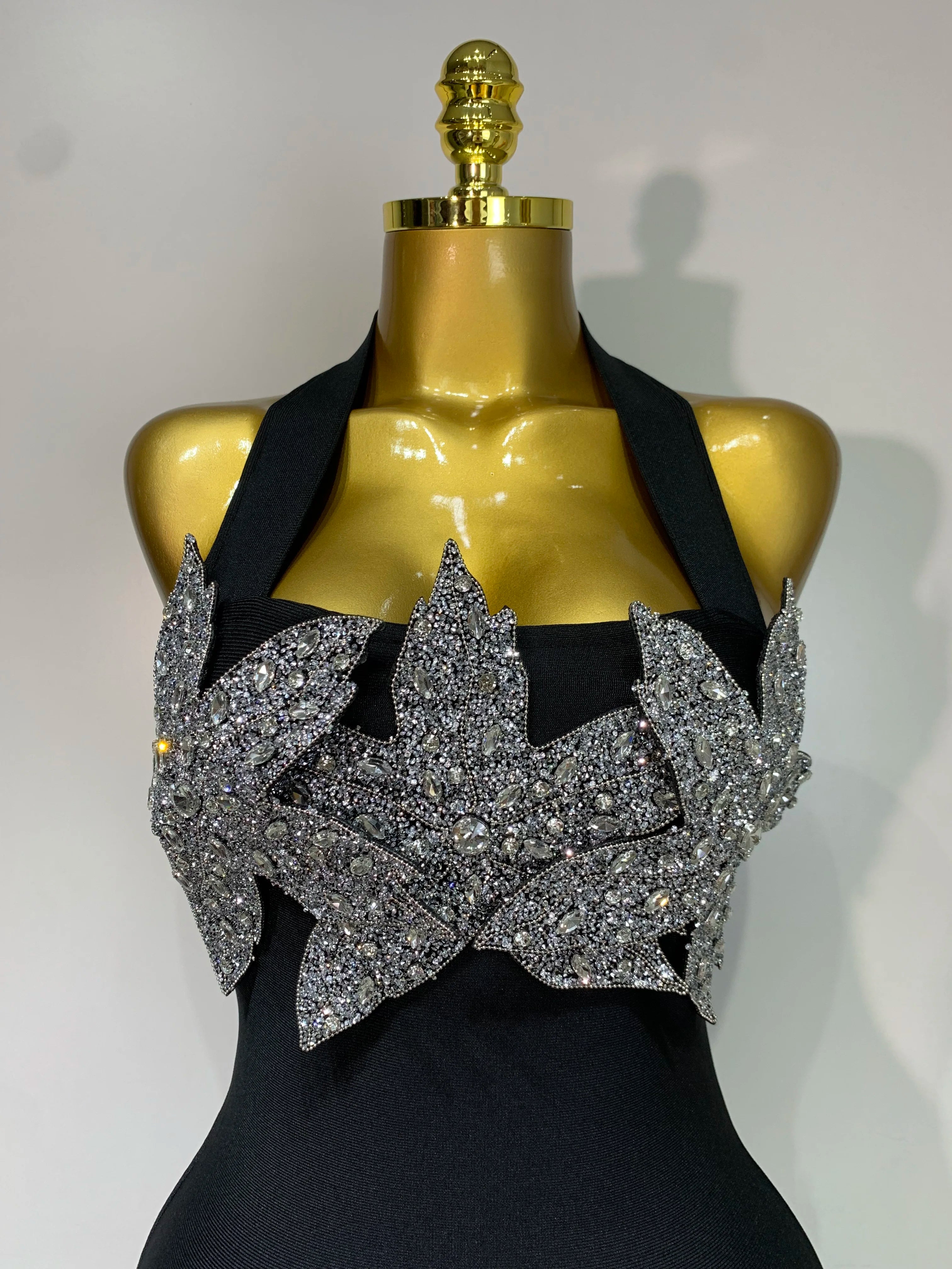 Women Sexy Sleeveless Halter Backless Shiny Diamond Flower Bodycon Bandage Dress Celebirty Elegant Evening Party Birthday Dress