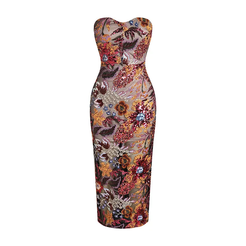 Women Sexy Off the Shoulder Embroidery Flowers Bodycon Mid-calf Dress Fashion Ruway Birthday Party Celebrate Dress Wholesale