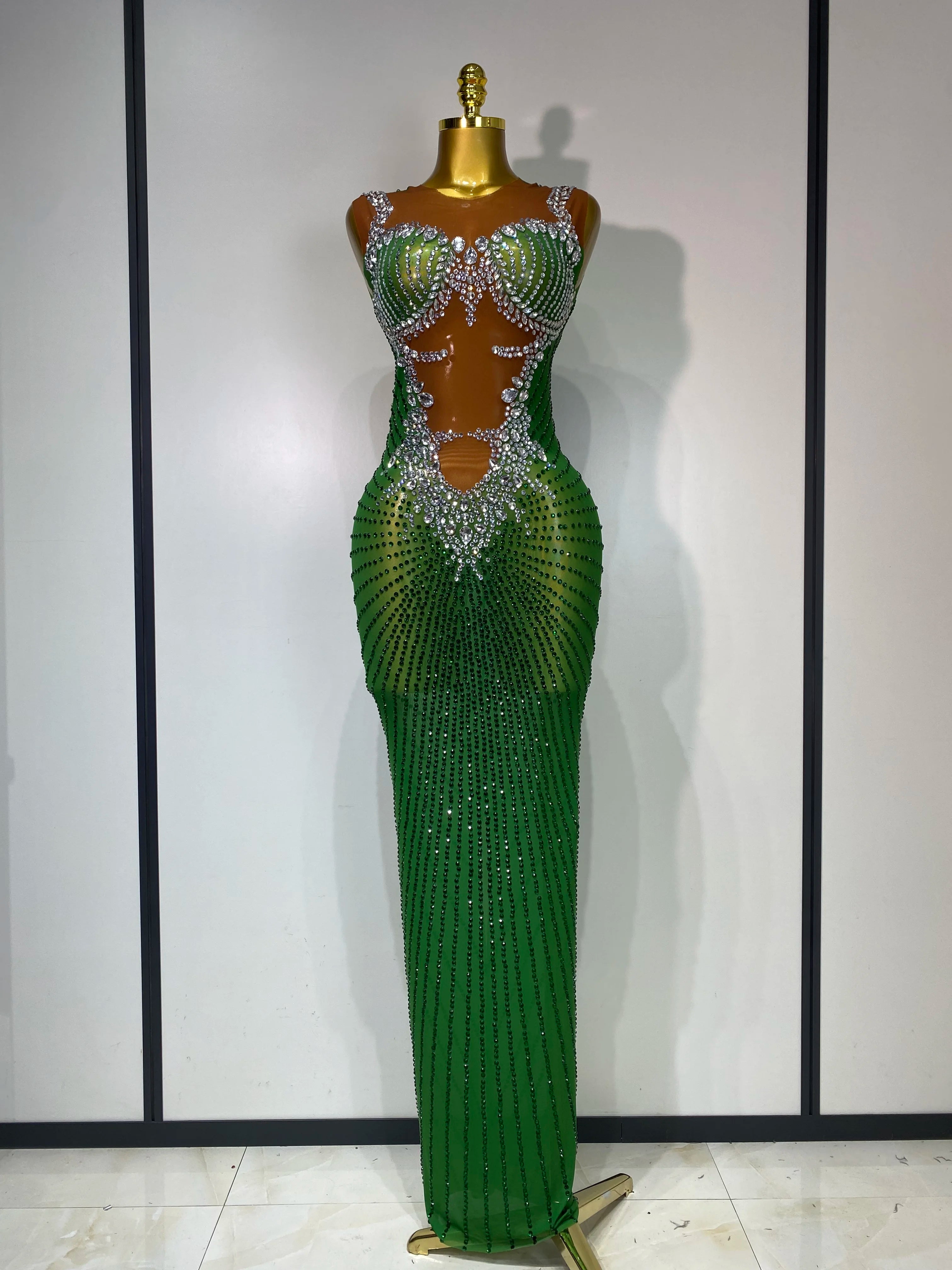 Women Sexy Sparkly Rhinestones Sleeveless Long Dress 2025 Club Birthday Celebrate Evening Photo Shoot Stage Performance Costume