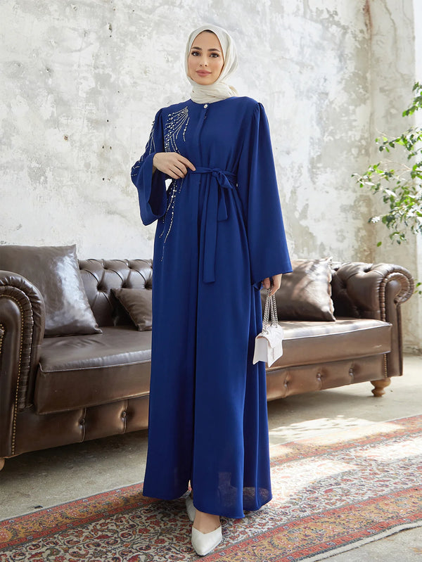 Elegant Diamonds Abayas for Women Dubai Luxury Belted Maxi Dress Eid Ramadan Caftan Marocain Femme Kebaya Robe Muslim Vestidos