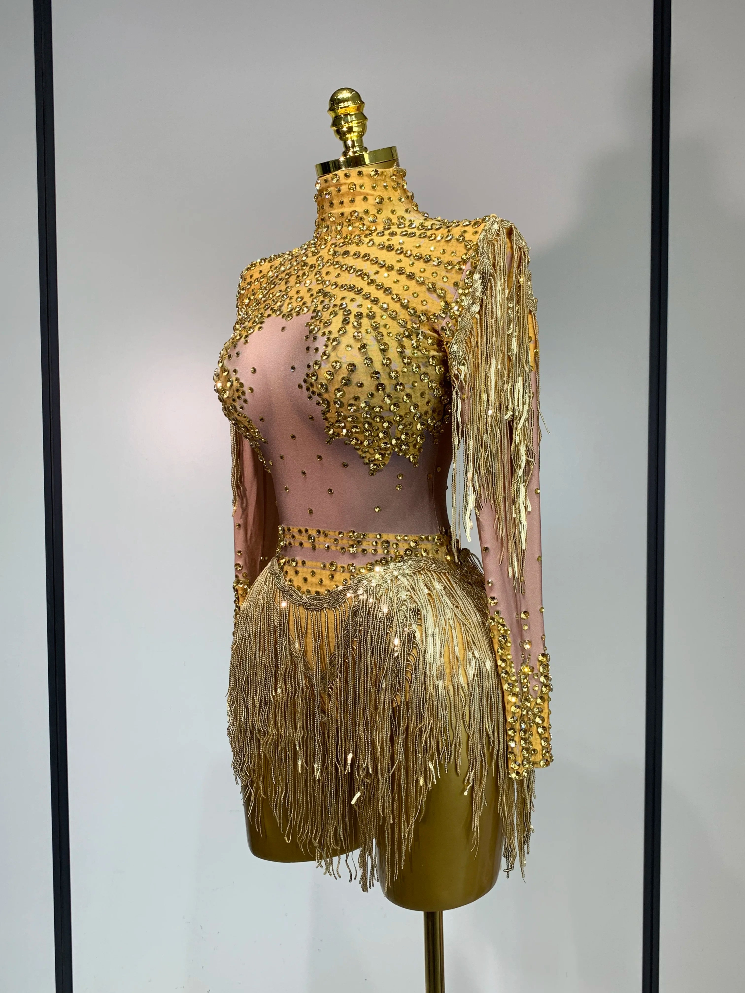 Women Long Sleeve Sexy Shinning Tassels Rhinestone Bodycon Bodysuit High Stretch Bar Dancer Nightclub Stage Wear Birthday Outfit