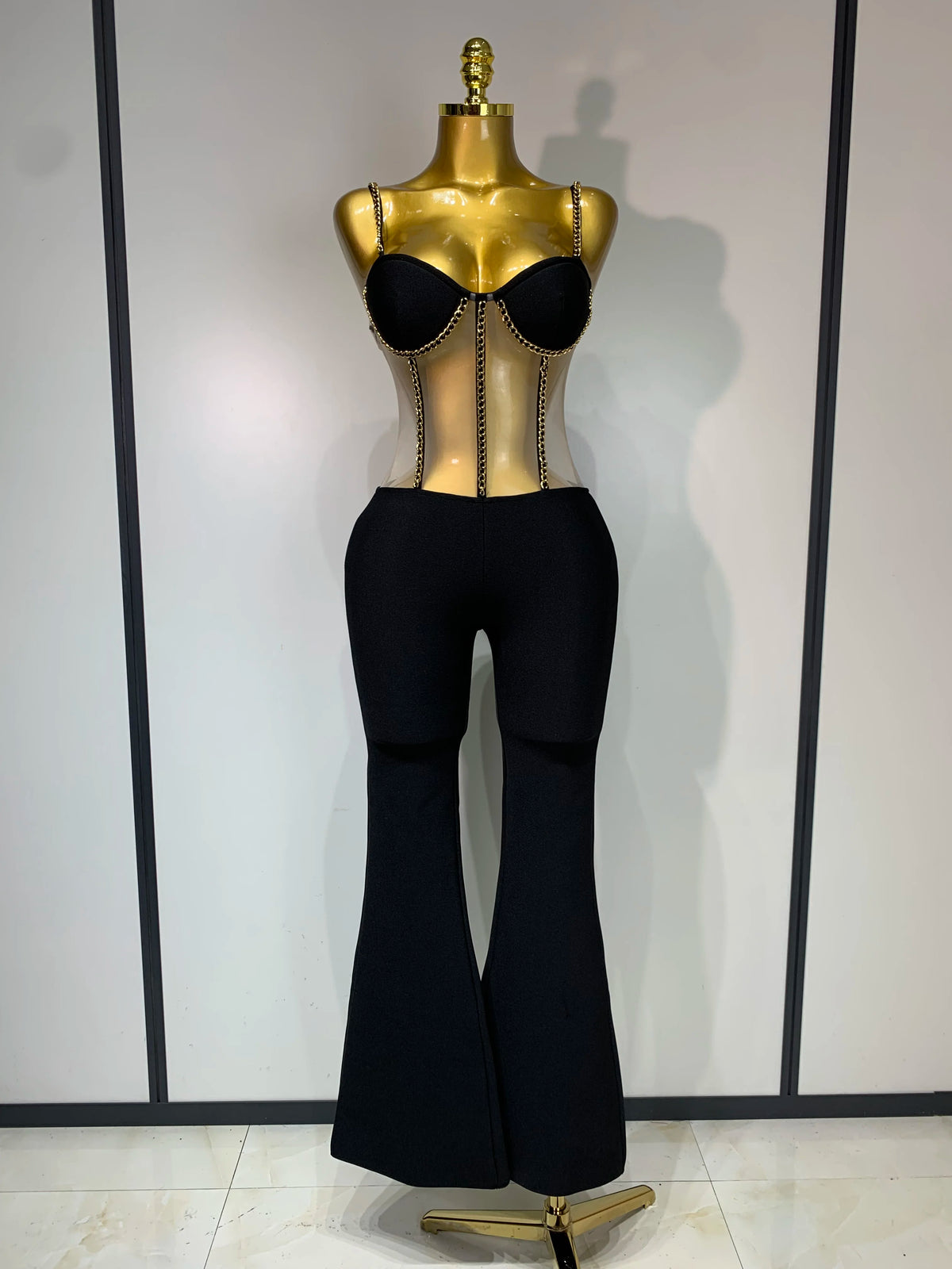 Women Luxury Sexy Sleeveless Mesh Chain Black Bodycon Bandage Jumpsuit 2025 Fashion Party Celebrity Designer High Street Rompers