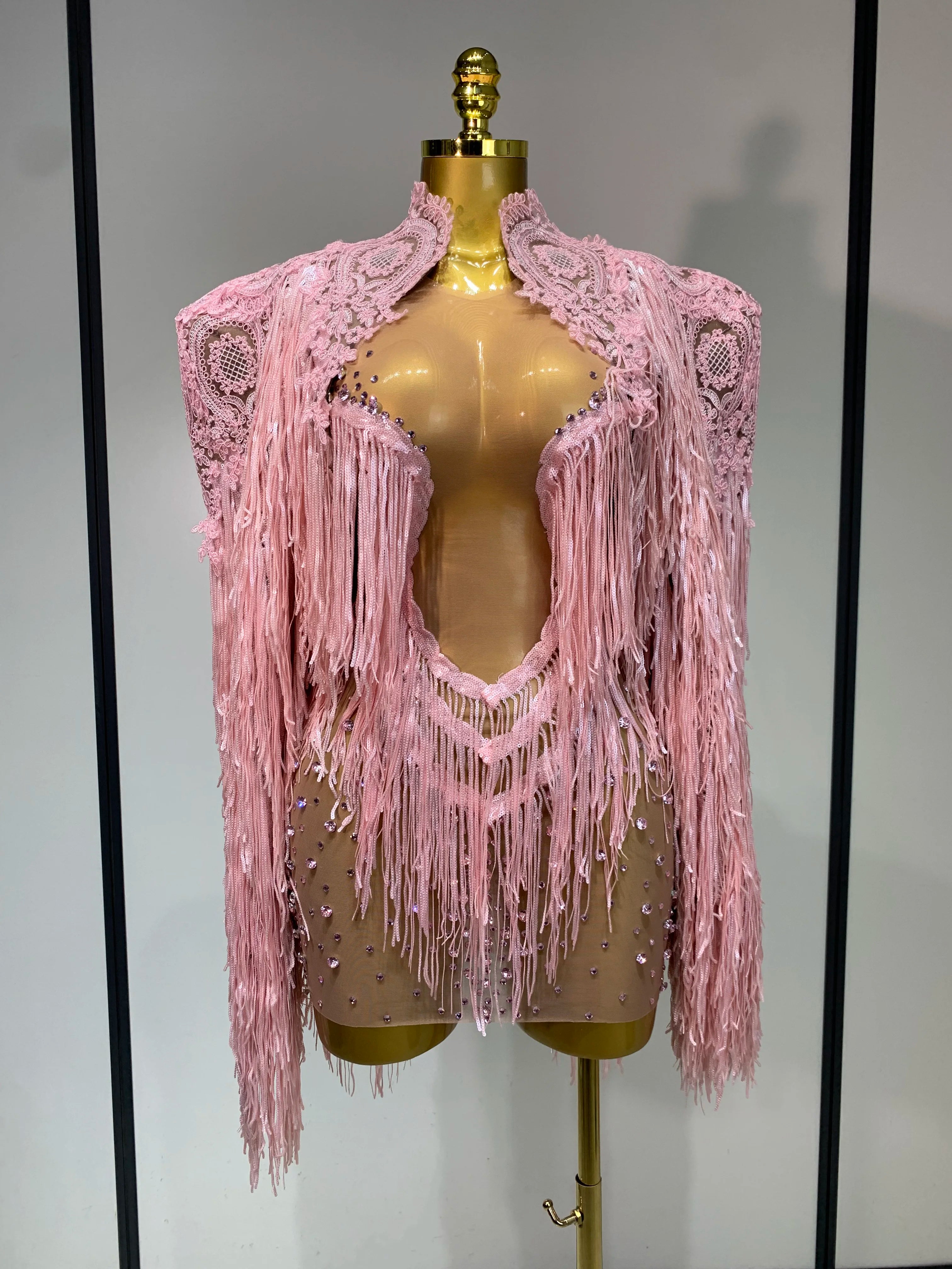 High Quality Rhinestones Tassels Mini Dress Suit Luxury Women Sexy See Through Mesh Party Club Dresses Performance Stage Outfit