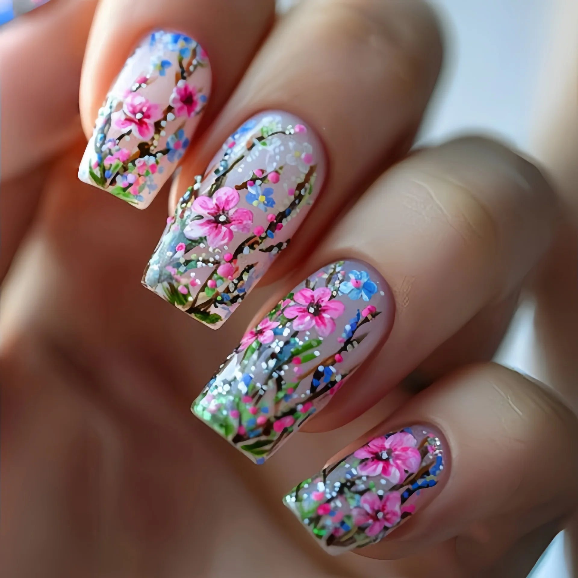24Pcs Wearing Fake Nails with Gold Foil Glitter Rose Flowers French Ballet Acrylic Nail Set Removable Elegant Finished Manicure