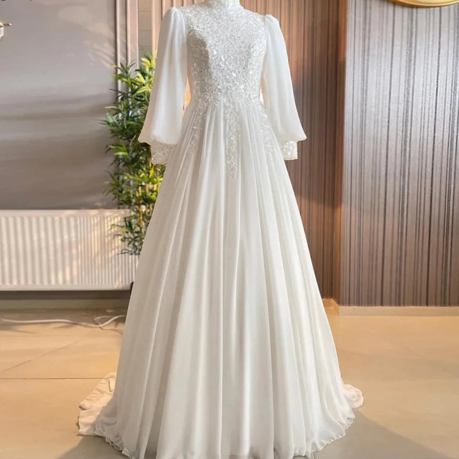 Elegant A-Line Chiffon Muslim Hochzeitskleid Braut Vollhülsen Elfenbein Brautkleider Spitze Perlen Frankreich Robe de Mariéee