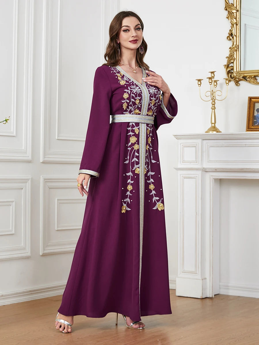 Fashion Ethnic Abayas For Muslim Female Solid Embroidery Beading Full Sleeve V-Neck Tunic Robe Morocco Dubai Clothing