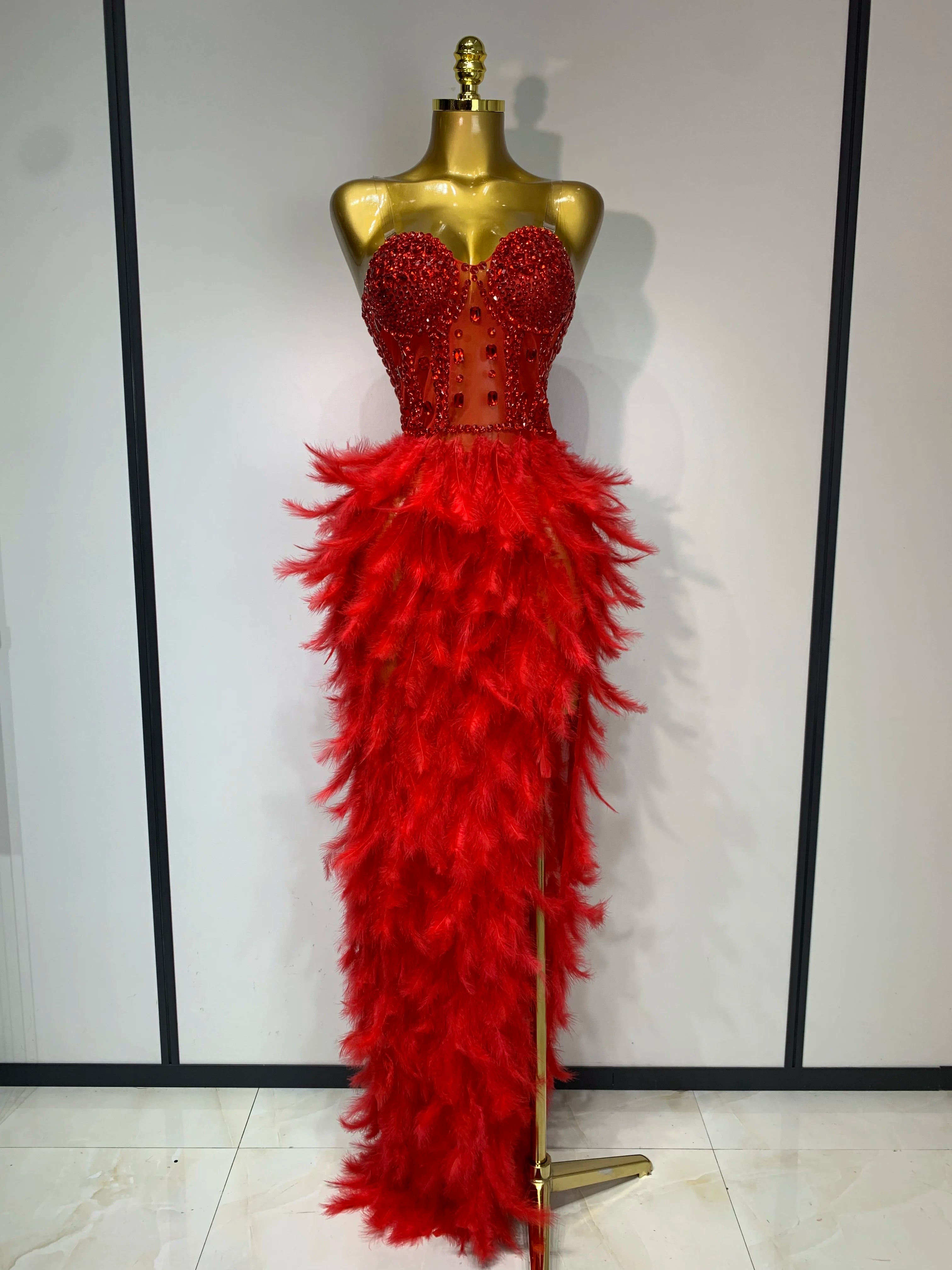 Luxury Birthday Evening Party Long Dress Women Sexy High Slit Backless Gowns Diamonds Feather Patchwork Stage Perform Costume