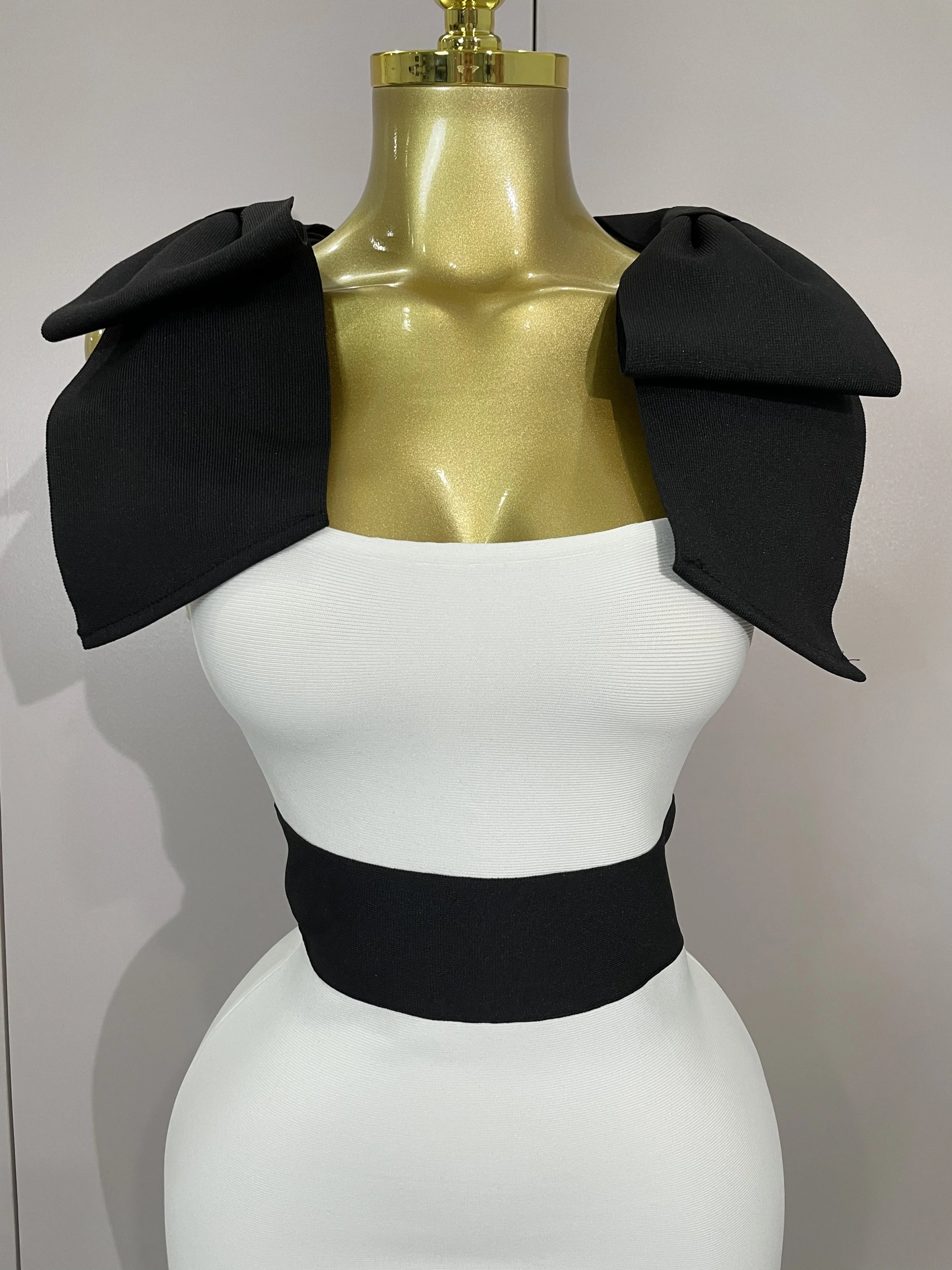 Sexy Bow Tie Black White Patchwork Bodycon Bandage Dress 2025 Women Celebrity Elegant Evening Club Party Birthday Dresses