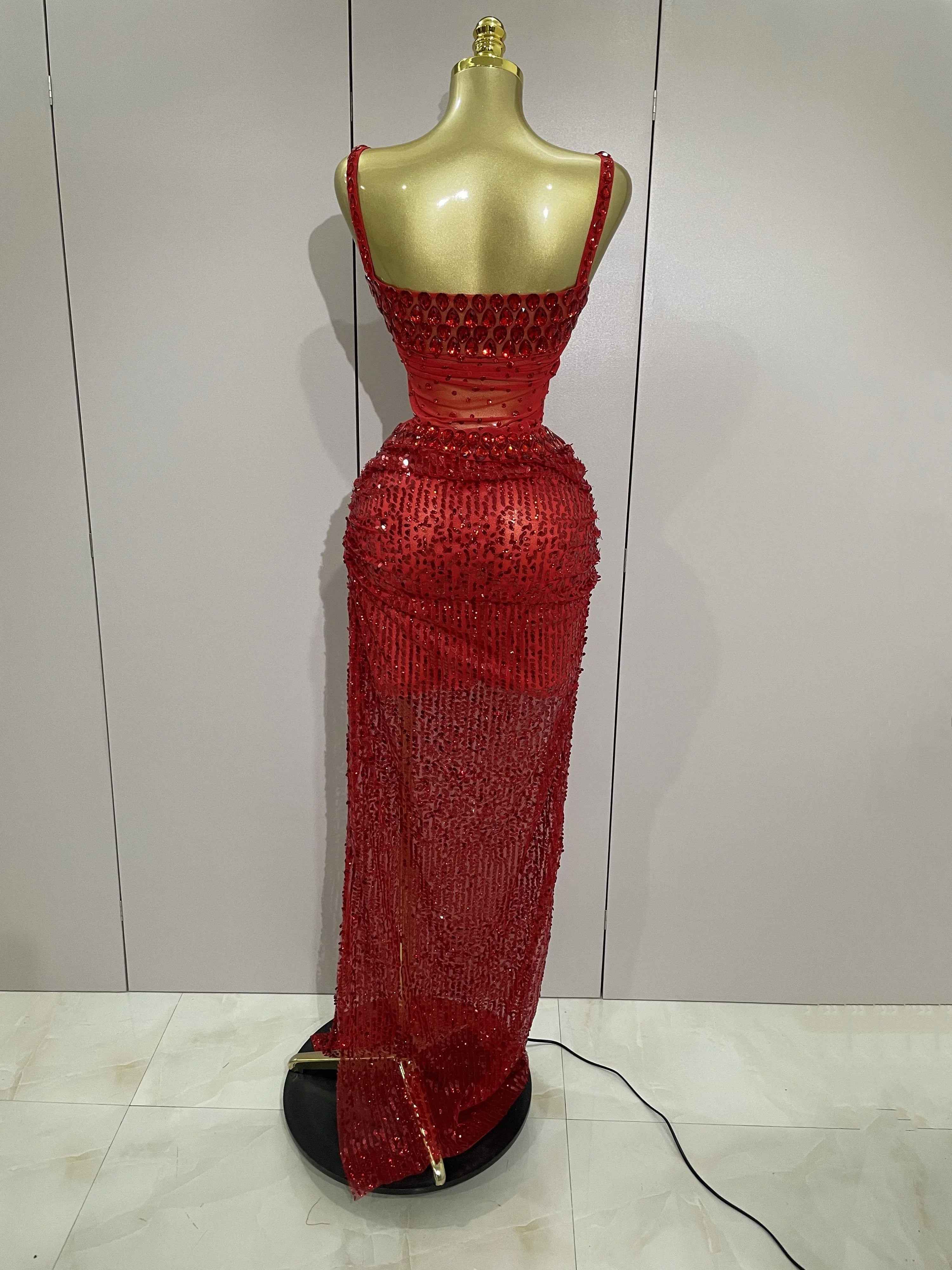 Sparkly Red Rhinestones Sequins Sexy See Through 2PCS Long Dress 2025Women Celebrate Evening Birthday Party Dress Stage Costumes