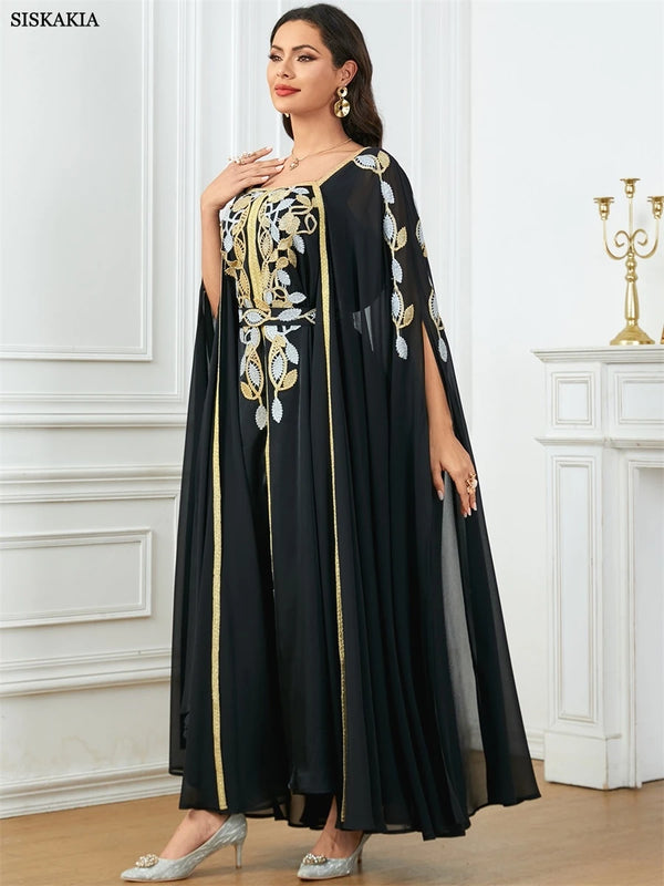 Elegant Casual Super Long Sleeve Party Gown Moroccan Saudi Appliques Belted Dresses Turkish African Abayas Arab Kaftan