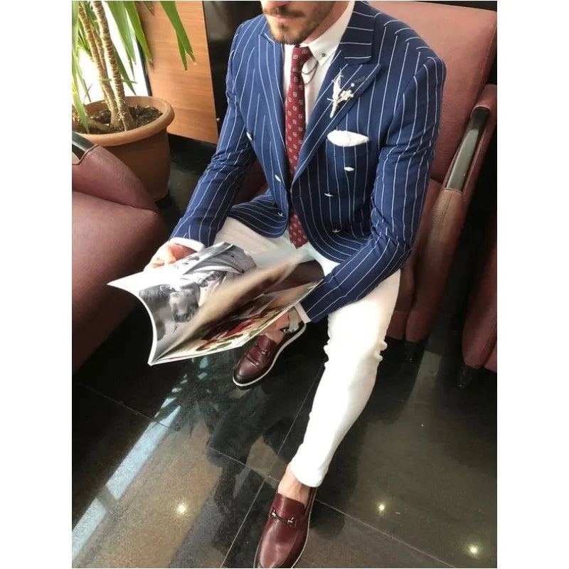 Stripe Peak Revers -Anzüge für Geschäftsleute 2 Stück Slim Fit Wedding Bream Smoking Tuxedo Doppelfeuer Fashion Blazer (Jacke+Hosen)