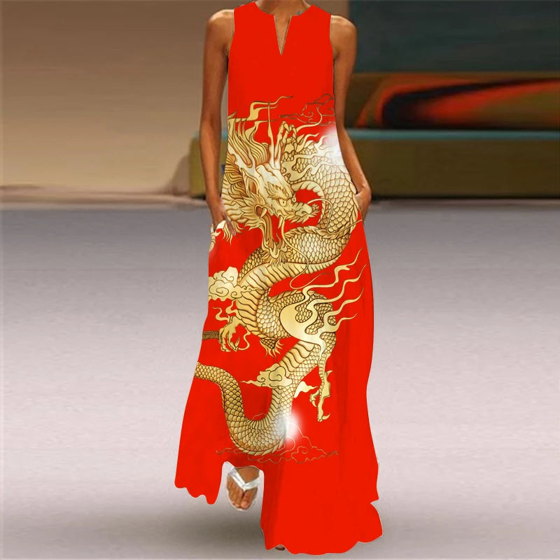 Fashionable Women's Hollow V-neck Maxi Dress Fresh Flower Print Sleeveless Loose Straight Beach Seaside Vacation Long Dress