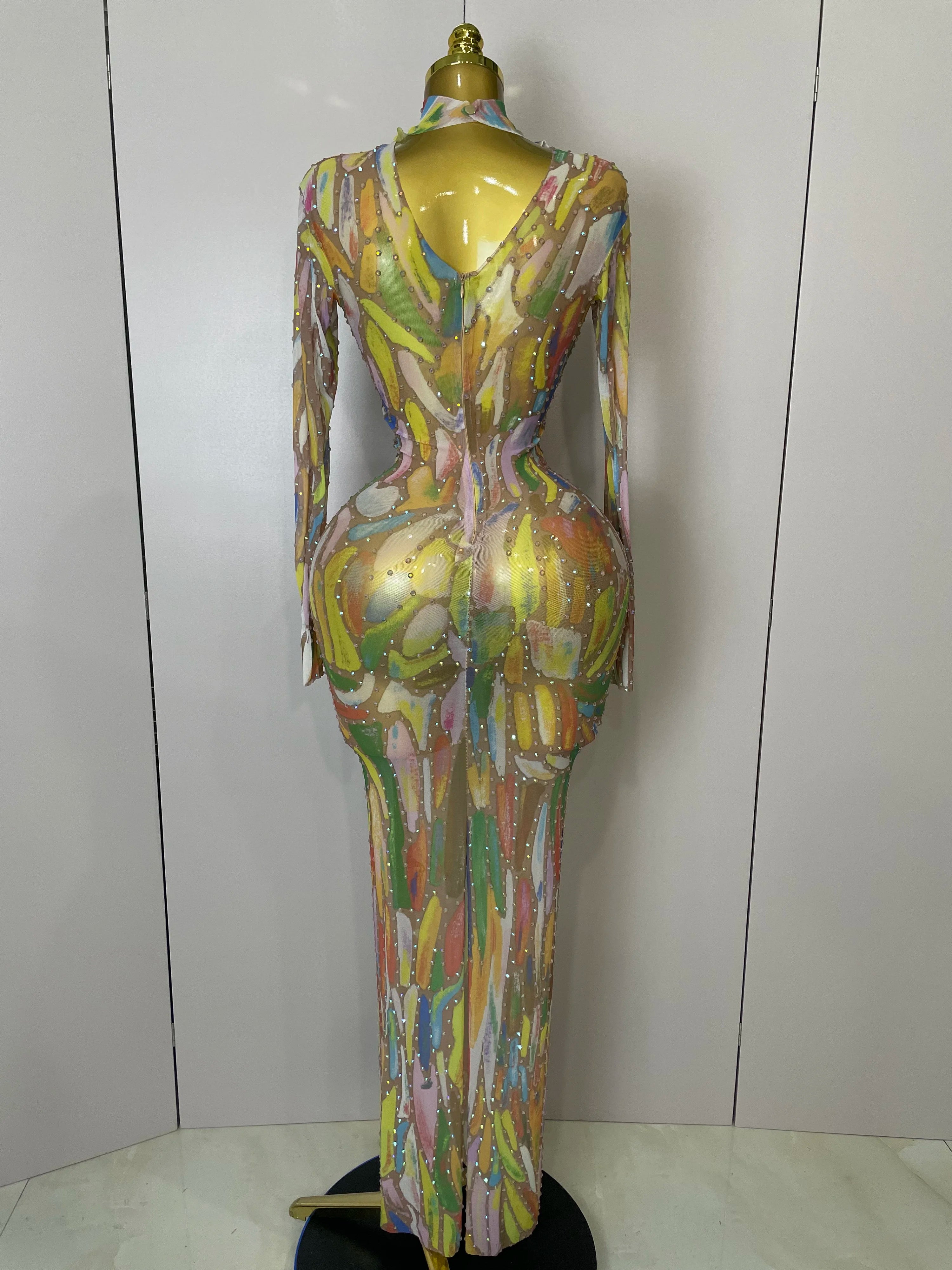 Sparkle Rhinestone High Neck Colorful Printed Long Dress 2025Women Sexy Evening Birthday Celebrate Stage Performance Costume