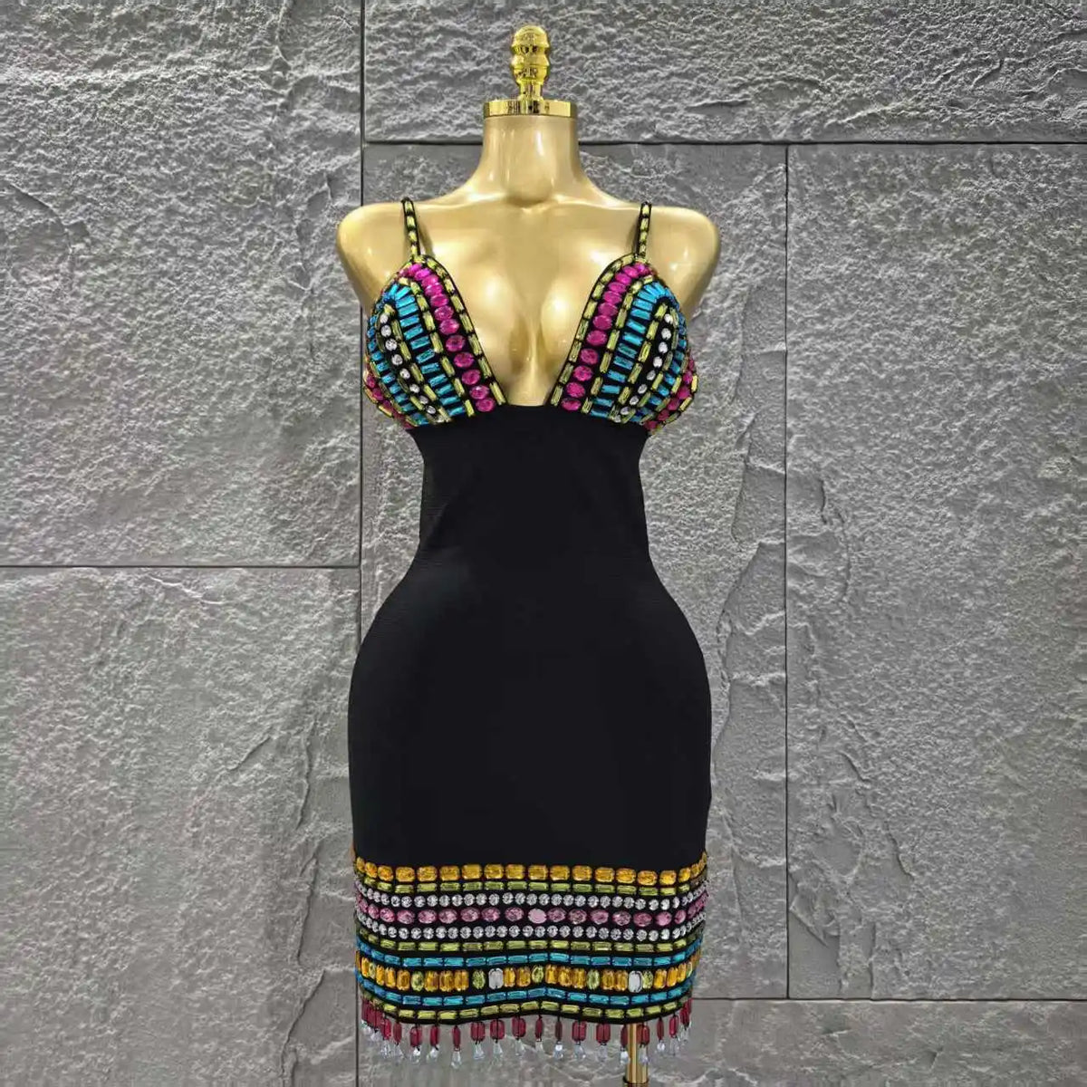 Black Color Women Sleeveless Sexy V-Neck Bodycon Mini Bandage Dress Colorful Crystal Celebrate Nightclub Party Red Carpet Dress