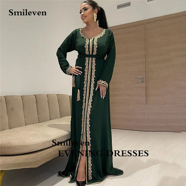Hunter Green Moroccan caftan Evening Dresses Long Sleeves Lace Special Occasion Dress Luxurious Crystal Party Gown