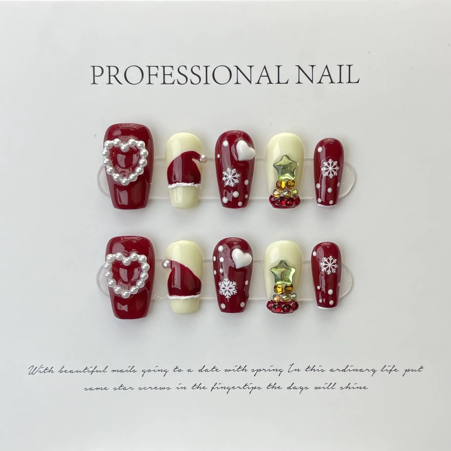 10Pcs Mid-length Christmas French Handmade Fake Nails with Cute Bowknot Winter Snowflake Nail Art Red Press on Acrylic Nail Tips