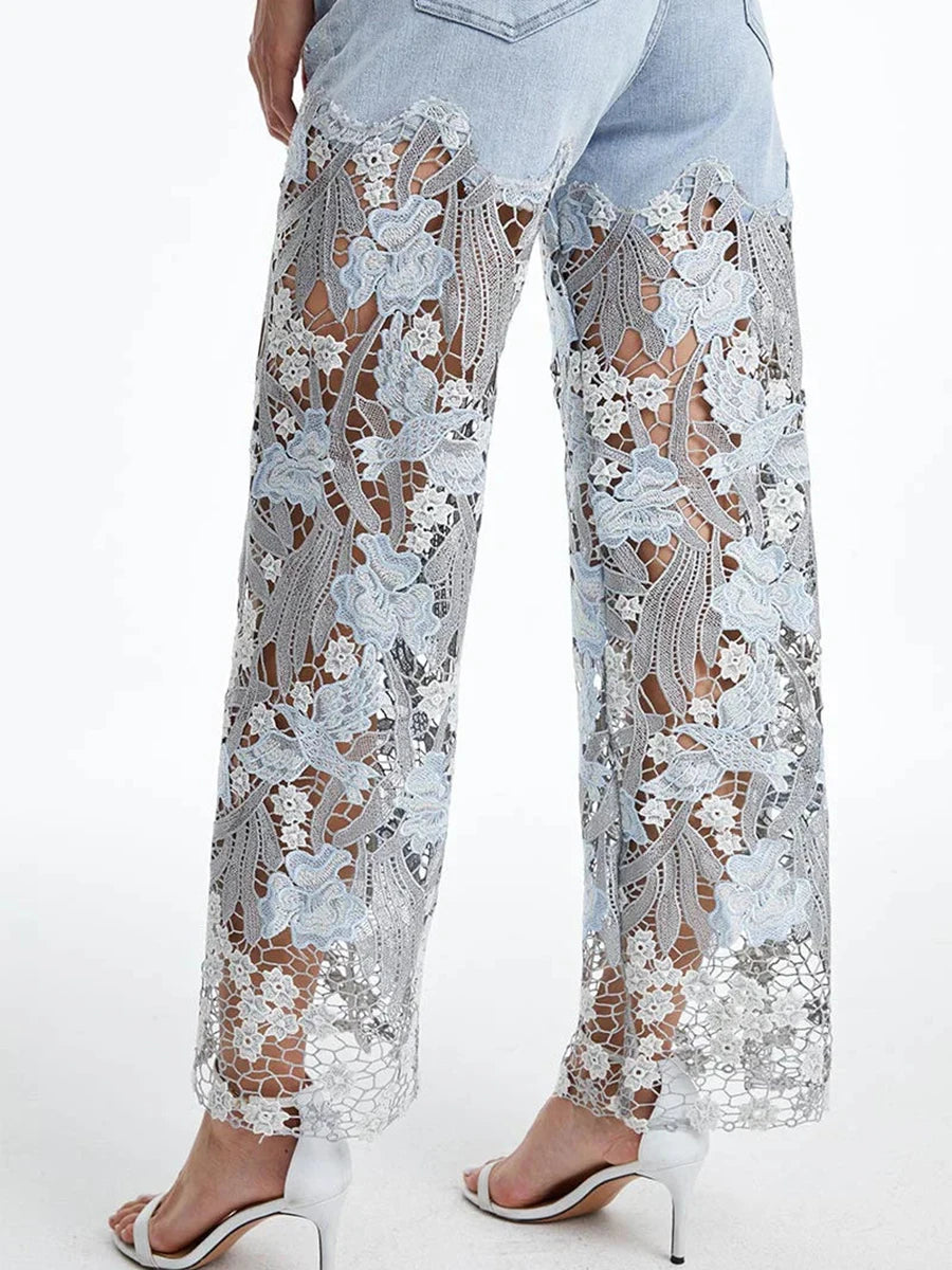 TWOTWINSTYLE Solid Loose Spliced Hollow Out Fashion Jeans for Women High Waist Patchwork Applique Wide Leg Pants Female Clothing
