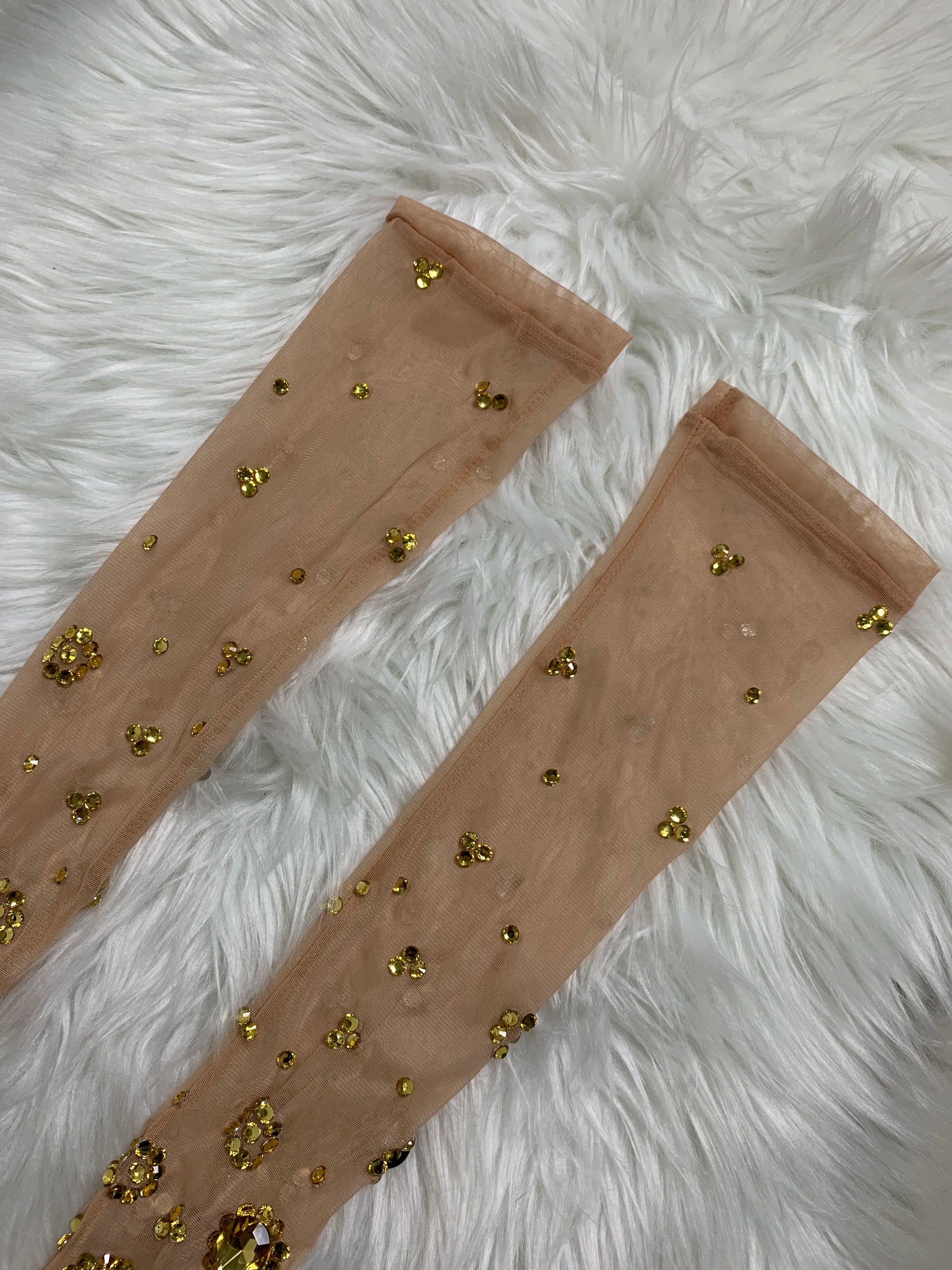 Women Sexy Luxury Gold Rhinestones Mesh Long Gloves Dancer Singer Nightclub Stage Party Show Accessories Sparkly Decoration