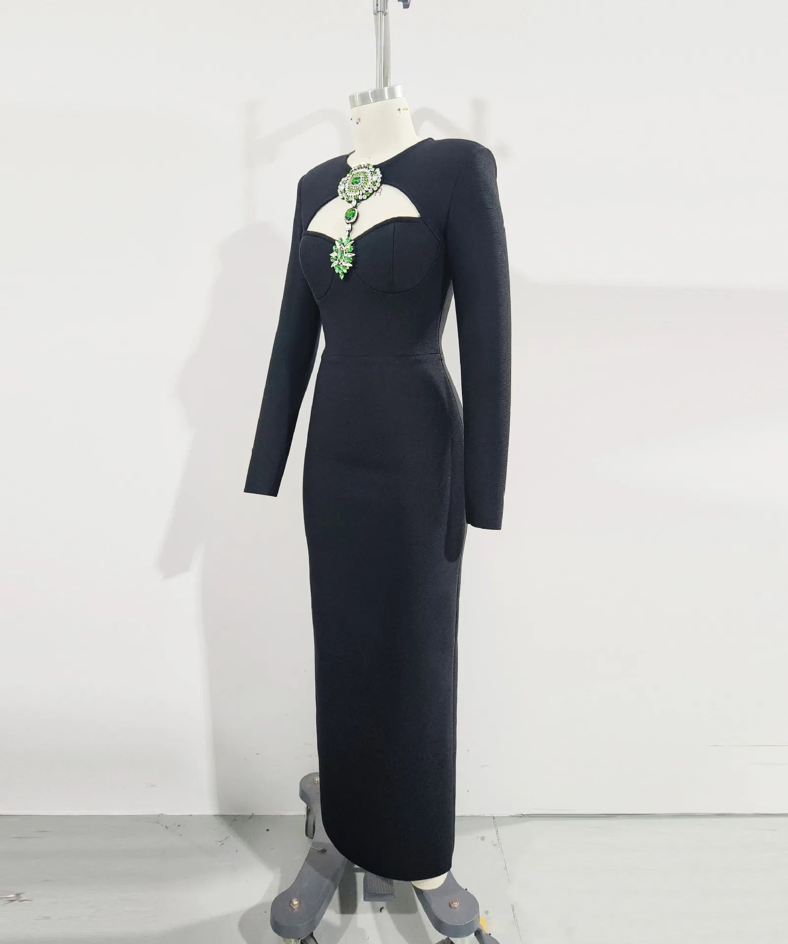 Top Quality Women Long Sleeve Shinning Crystal Keyholes Bodycon Bandage Long Dress Elegant Evening Party Celebrate Outfit