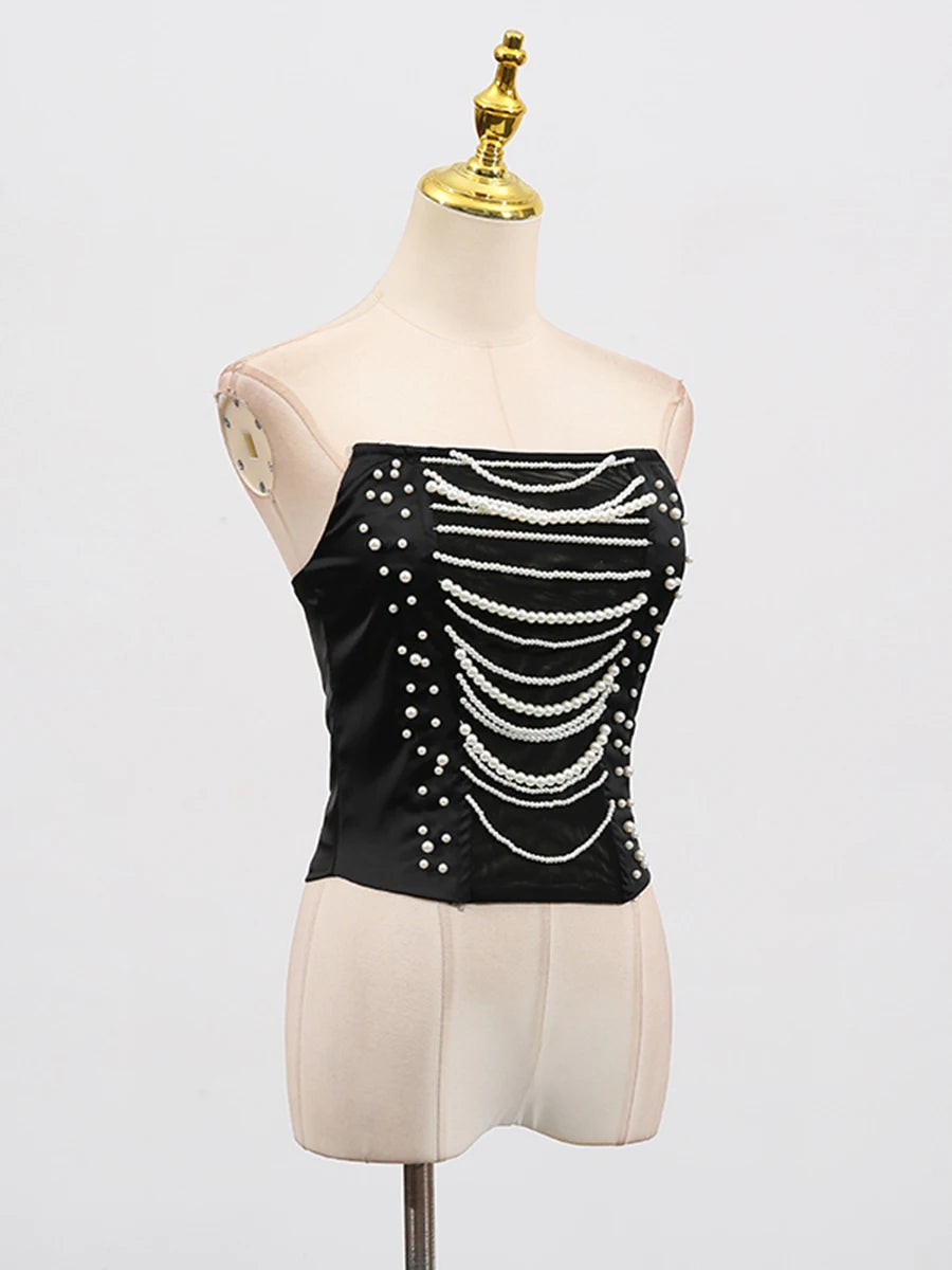 TWOTWINSTYLE Solid Slimming Spliced Chain Tanks for Women Strapless Sleeveless Patchwork Bead Tank Female Fashion Clothing New