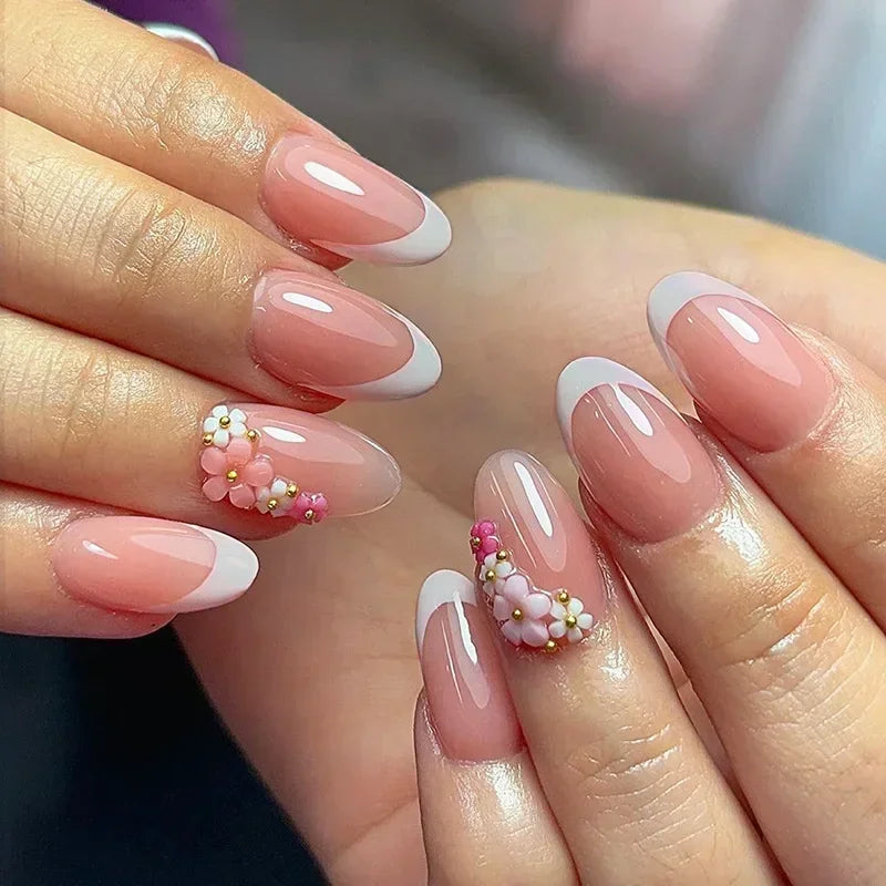 24Pcs Autumn Winter Matte Almond False Nails with Glue Rose Leaf Printing Nail Art Simple Full Cover Press on Acrylic Nails Tips